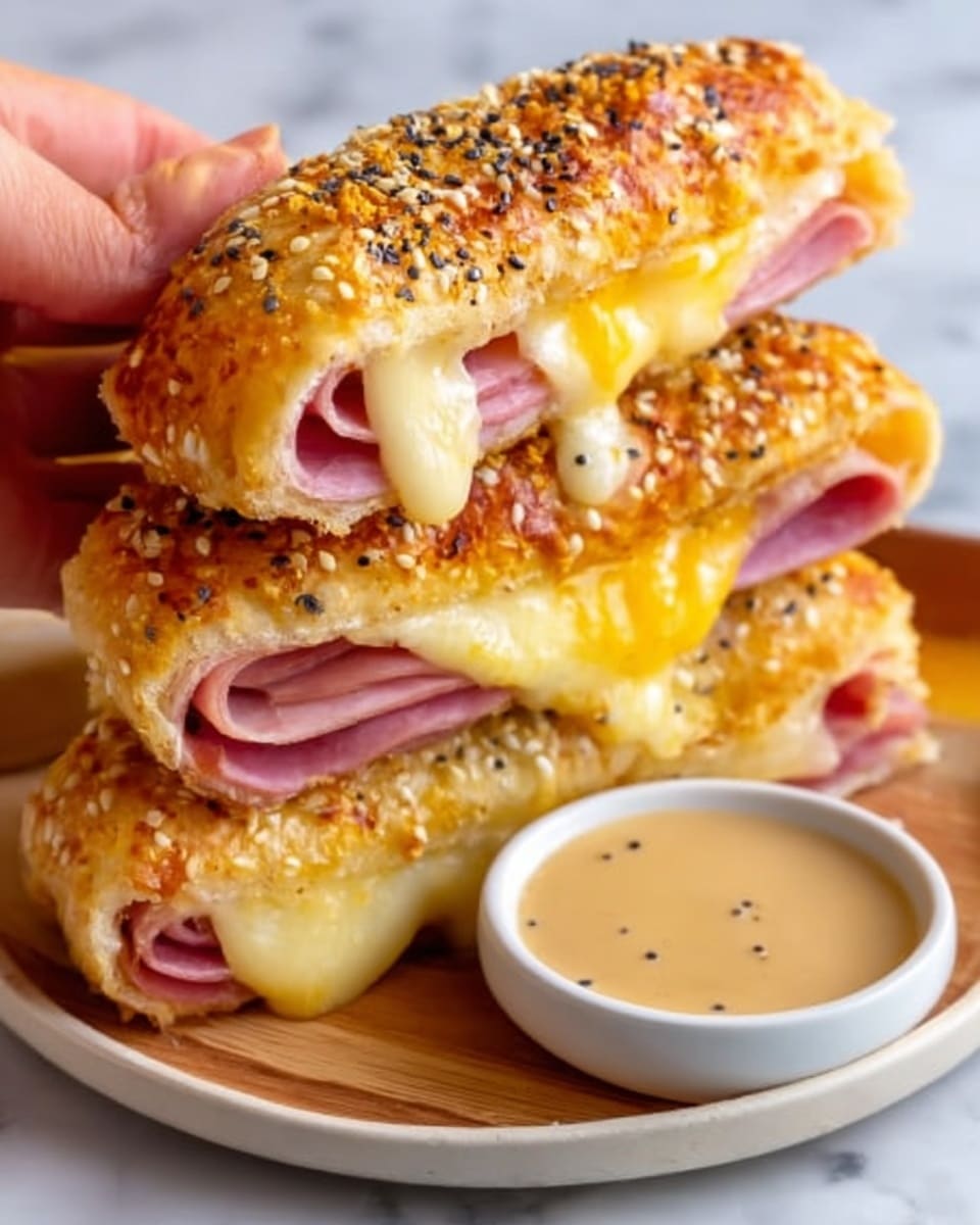 A white plate holds several rolled pastries, each made with a flaky golden-brown crust that is slightly crispy and sprinkled with black pepper. Inside each roll, visible layers include thin slices of pink ham stacked together and melted yellow cheese oozing out from the ends. The rolls are arranged close together on the plate, showing off the gooey cheese dripping slightly. The scene is set on a white marbled background. photo taken with an iphone --ar 4:5 --v 7