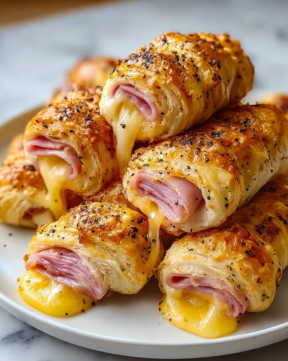 The image shows three golden-brown toasted rolls stacked on a white plate, each roll with a slightly crispy and textured crust sprinkled with sesame seeds and a few black seeds. The rolls are layered with melted yellow cheese oozing out from one end and thin slices of pink ham visible just inside the cheese layer. A small white bowl with a beige creamy dip is placed next to the rolls. A woman's hand holds one of the rolls, showing its size and texture against a white marbled surface in the background. Photo taken with an iphone --ar 4:5 --v 7