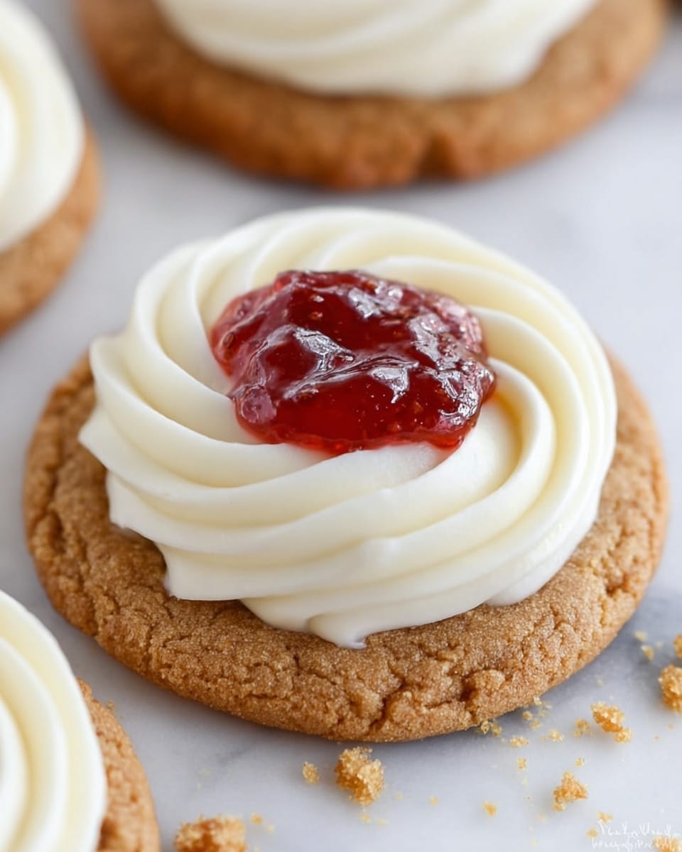 The image shows a close-up of a cookie with three main layers. The bottom layer is a round, light brown, crumbly cookie base with a rough texture with a few cookie crumbs scattered around. The middle layer is a ring of smooth, creamy white frosting piped in a circular swirl, sitting neatly on the cookie. The top layer is a dollop of shiny, red strawberry jam placed in the center of the frosting, with a slightly sticky and thick texture. The background is a white marbled surface that makes the cookie stand out. Photo taken with an iphone --ar 4:5 --v 7