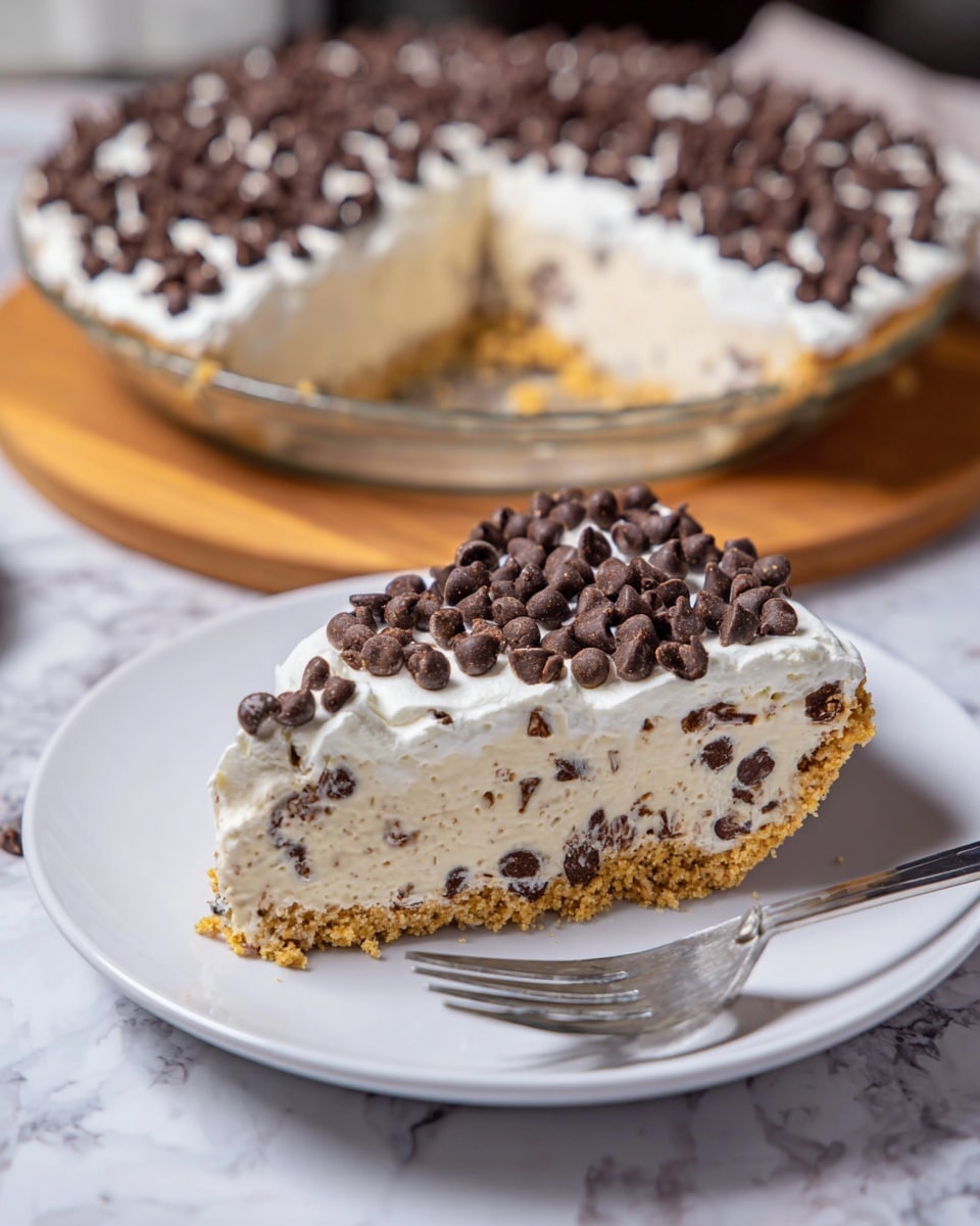 A slice of chocolate chip cheesecake sits on a white plate with a silver fork on the right side. The cheesecake has three clear layers: the bottom layer is a thick golden-brown crumb crust, the middle layer is creamy white cheesecake filled with tiny chocolate chips, and the top layer is a smooth layer of white cheesecake topped generously with dark chocolate chips covering the surface. A few scattered chocolate chips and crumbs lie on the plate around the slice. In the background, the rest of the cheesecake with the same layers is on a white dish against a white marbled surface. photo taken with an iphone --ar 4:5 --v 7