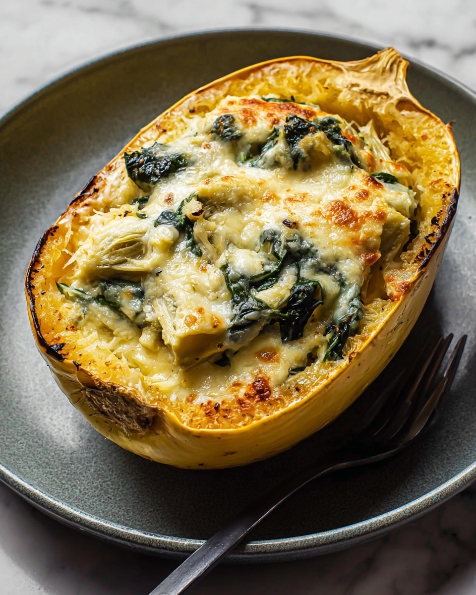 The dish is a baked stuffed spaghetti squash half, placed on a white plate with a brown rim, sitting on a white marbled surface. The squash shell is golden yellow and forms the base layer, holding a creamy filling topped with melted cheese that has golden brown spots and bubbly texture. Inside, there are soft chunks of light greenish artichokes and dark green leafy vegetables mixed into a white cheesy sauce, creating a mix of creamy and slightly browned textures across the top. A silver spoon is lifting a portion from the filling, showing its thick and gooey consistency. photo taken with an iphone --ar 4:5 --v 7
