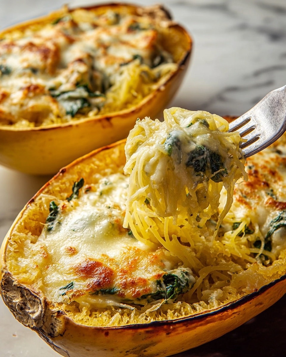 This image shows two halves of roasted spaghetti squash, each filled with creamy spinach and cheese mixture. The top visible half has five layers: the golden yellow spaghetti squash strands form the base, mixed with a white creamy cheese sauce with a smooth texture. Over this, there are dark green cooked spinach leaves, covered with a melted layer of toasted light golden brown cheese sprinkled with small bits of white cheese crumbles. A fork is lifting a portion of the spaghetti squash strands and spinach from the filled shell, showing the stretchy, gooey cheese. The background surface is a white marbled texture. photo taken with an iphone --ar 4:5 --v 7