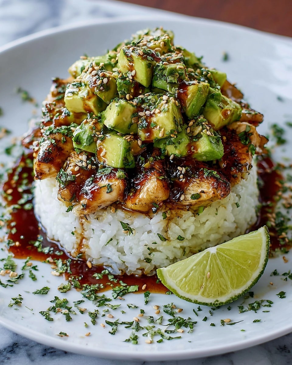 A tall round mound of white rice sits at the bottom, moist and sticky, forming the first layer. On top, there are pieces of grilled chicken, browned and glazed with a shiny sauce that has flecks of herbs, giving a rich golden brown color with dark charred edges. The top layer consists of chunky green avocado cubes mixed with finely chopped herbs, coated in a glossy dressing. Around the base of the rice, a sauce with sesame seeds and chopped herbs spreads out on a white plate, with a wedge of lime placed on the side against a white marbled surface. photo taken with an iphone --ar 4:5 --v 7