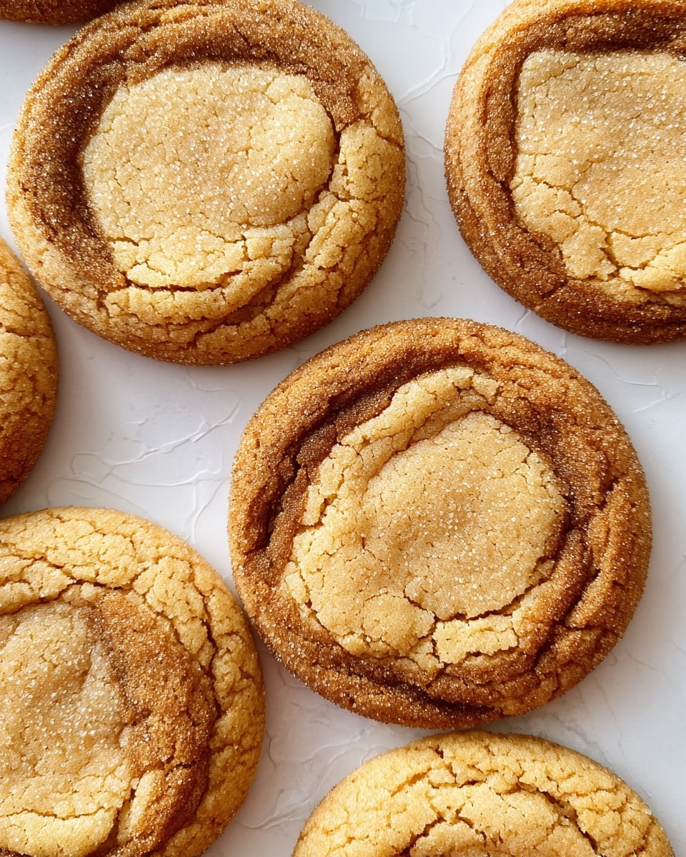 The image shows close-up of five round coffee-colored cookies with slightly cracked surfaces and slightly darker rings inside each cookie, placed on white parchment paper over a white marbled surface; the cookies have a soft texture and sandy sugar crystals sparkle lightly on top, highlighting their baked edges and smooth middle parts, with some small crumbs scattered around. photo taken with an iphone --ar 4:5 --v 7