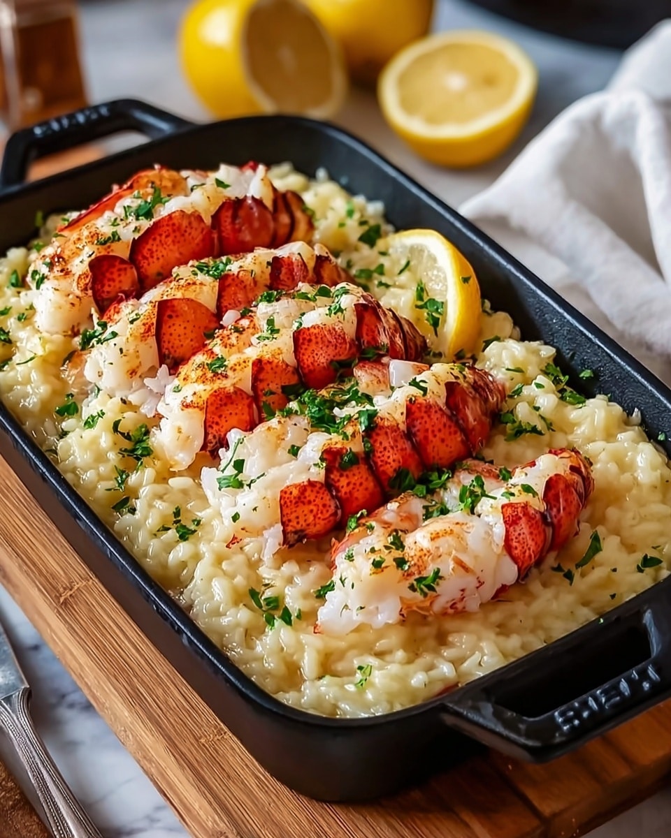 A round white bowl filled with creamy light beige risotto forming the base layer with a soft, slightly glossy texture; two lobster tails, bright red with white meat peeking through, sit close to the center on top of the risotto; small green parsley leaves are sprinkled evenly over the lobster tails and risotto; a fresh yellow lemon wedge rests on the upper right inside edge of the bowl; the entire scene sits on a white marbled texture surface. photo taken with an iphone --ar 4:5 --v 7