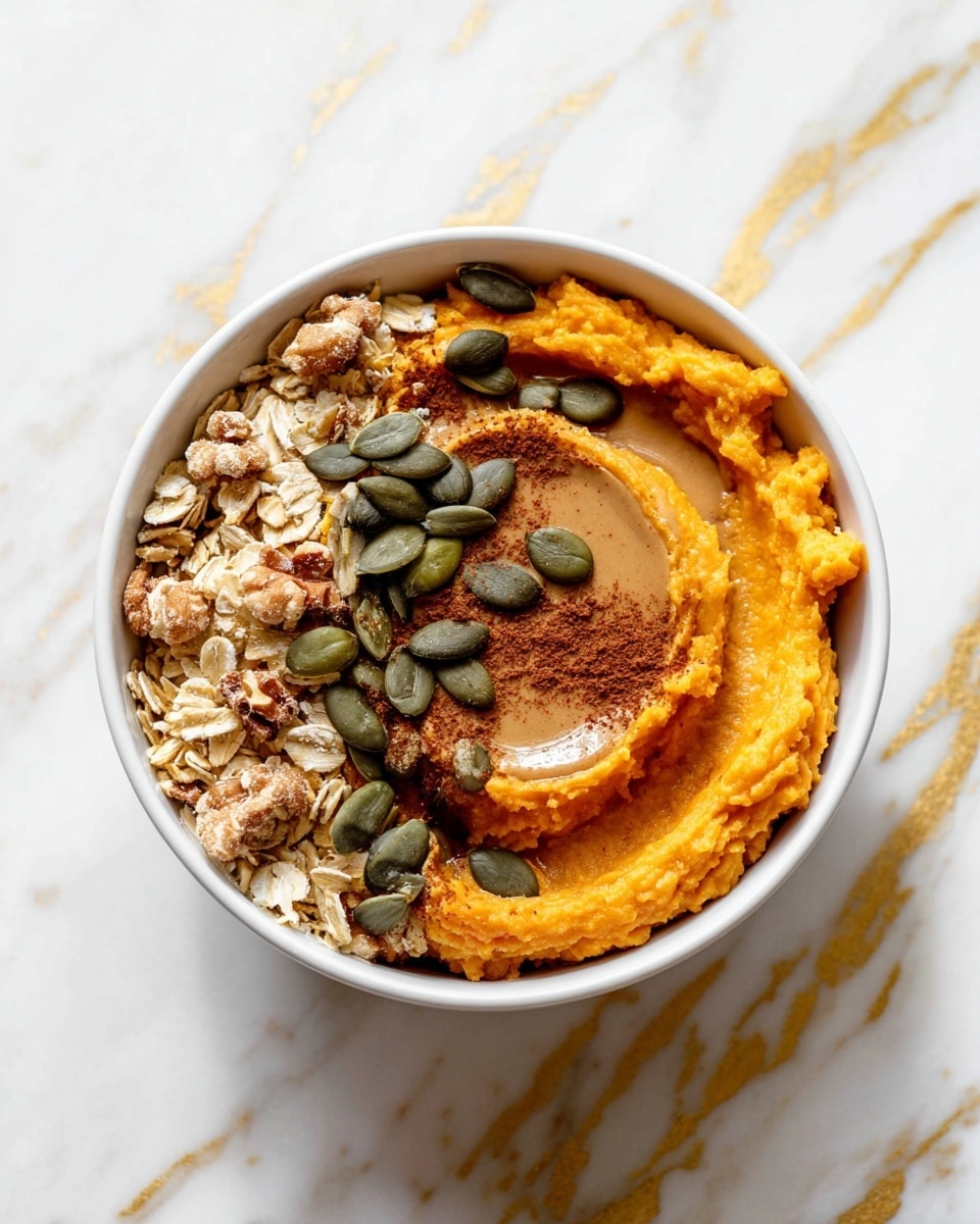 A white bowl filled with a thick, smooth layer of bright orange puree forming the base, with a small scoop taken from the right side. On the left side of the puree sits a crunchy cluster of light brown oats mixed with darker nuts. A drizzle of creamy light brown sauce spreads diagonally across the top, sprinkled with deep green pumpkin seeds. There is a dusting of fine brown powder, likely cinnamon, beside the sauce, adding texture to the pureed surface. The bowl is set on a white marbled surface with gold veins. Photo taken with an iphone --ar 4:5 --v 7