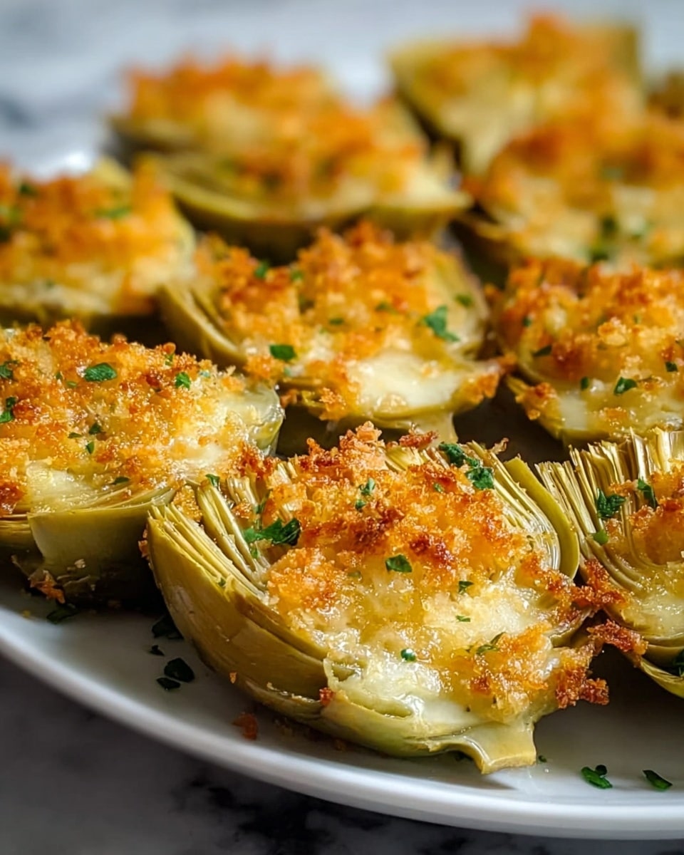 A white plate filled with many golden-brown roasted artichoke halves, each topped with a crunchy, toasted breadcrumb layer that looks crispy and slightly textured. Small green parsley pieces are scattered lightly over the artichokes, adding a touch of fresh color. The artichokes are arranged closely together, showing their layered, tender leaves under the crispy topping. The background is a white marbled surface, giving a clean and simple look. photo taken with an iphone --ar 4:5 --v 7