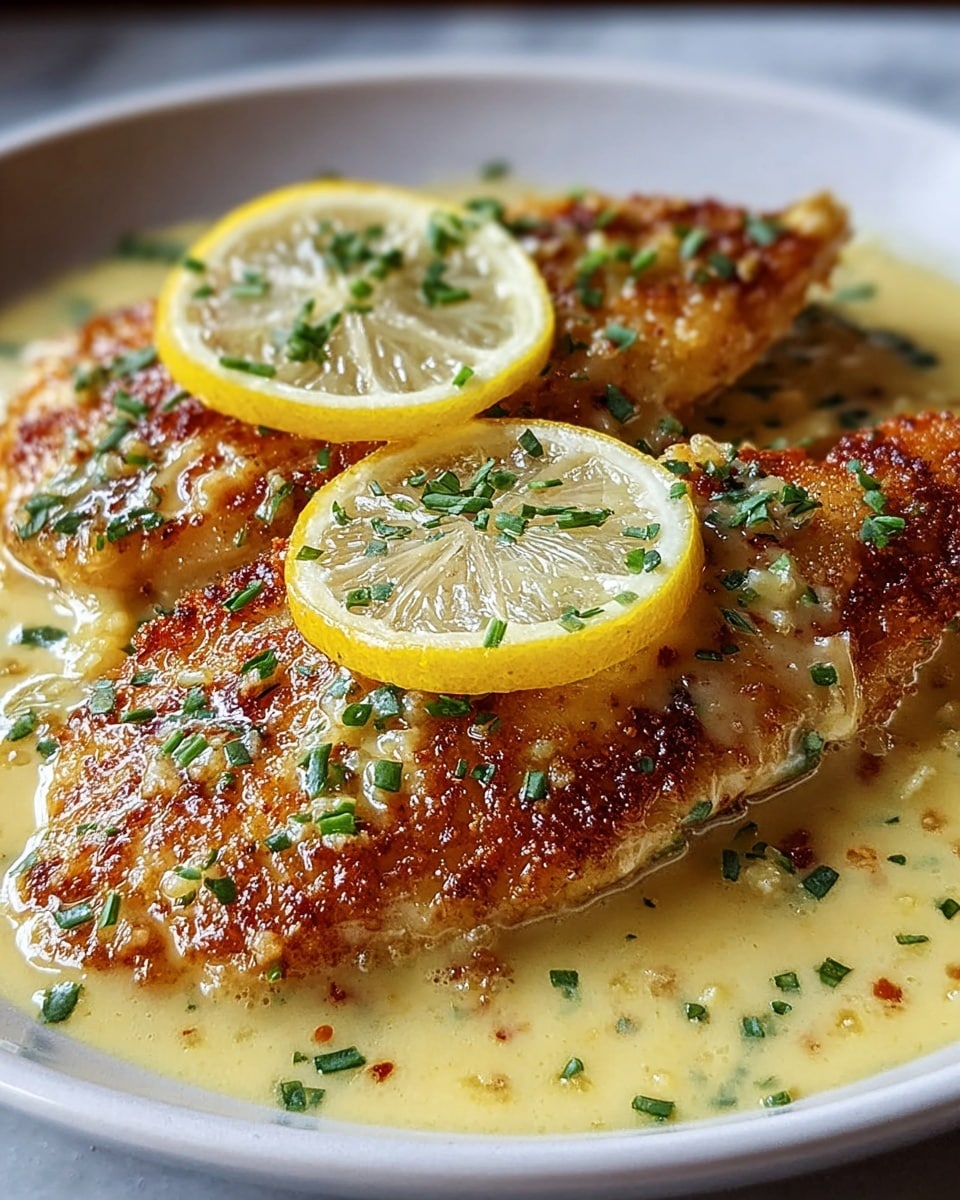 The image shows two pieces of golden brown fish fillets with a crispy texture, topped with small thin slices of bright yellow lemon and sprinkled with finely chopped green herbs. The fish sits in a glossy, creamy light yellow sauce that pools on a white plate, all placed on a white marbled surface. The sauce has a smooth, slightly thick texture with some small bits in it, showing a rich and flavorful look. Photo taken with an iphone --ar 4:5 --v 7