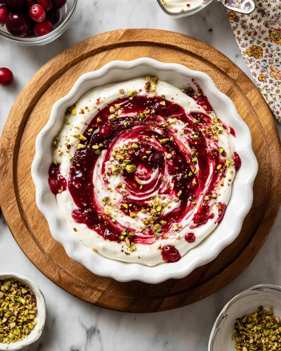 A white scalloped bowl sits on a wooden board with a creamy white yogurt base spread thick and smooth. Swirls of bright red berry sauce are layered on top, creating a spiral pattern that contrasts with the creamy yogurt. The surface is sprinkled with crushed green pistachios and small bits of red chili flakes, adding both texture and color. Around the bowl, there are small dishes with chopped pistachios and more red sauce, placed on a white marbled surface along with three whole cranberries. A woman's hand is partly visible near the top left corner, holding a small container. photo taken with an iphone --ar 4:5 --v 7