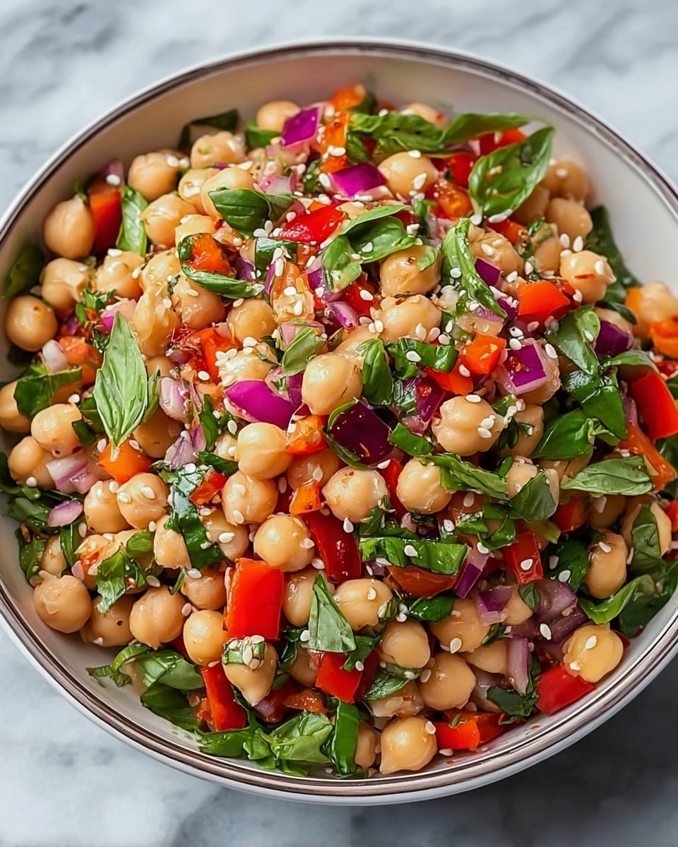 The image shows a close-up of a colorful chickpea salad in a white bowl with a subtle rim. The salad contains three main layers of ingredients: the base layer is round, pale beige chickpeas; mixed throughout are bright green leafy herbs and chopped basil leaves adding a fresh, leafy texture; scattered on top and throughout are small chunks of bright red bell peppers and pieces of purple-red onions, adding contrast and crunch. Small white sesame or hemp seeds are sprinkled all over the mix, giving a textured look. The bowl is placed on a white marbled surface, enhancing the vibrant colors of the salad. photo taken with an iphone --ar 4:5 --v 7