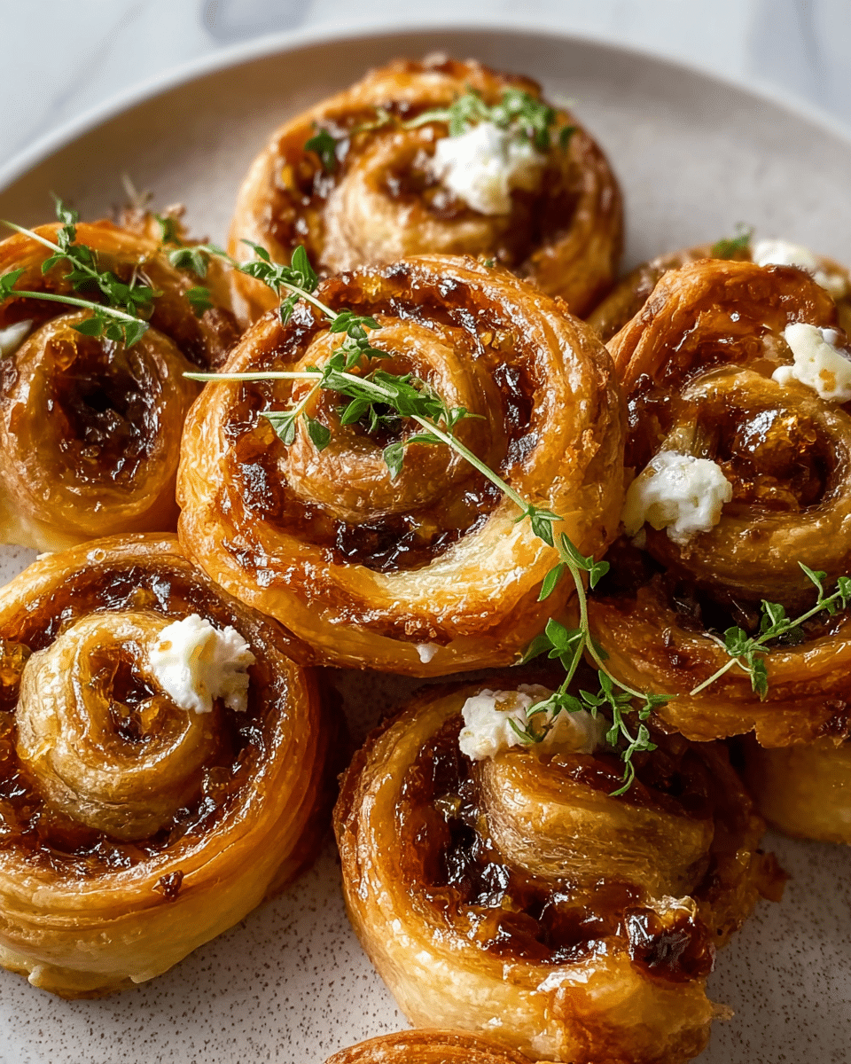 This image shows several golden-brown, spiral-shaped pastries arranged closely on a white plate with subtle texture. Each pastry has multiple visible layers of flaky, crispy dough, with a rich, glossy filling that looks dark brown and sticky, likely a sweet or savory jam or sauce. Inside the spirals, there are small white dollops that appear creamy and slightly melted, topped with fresh green herb sprigs, adding a bright contrast to the warm colors. The pastries have a shiny, slightly rough surface with tiny bubbles and crunch spots from baking. The plate sits on a surface with a white marbled texture that softly reflects the light. photo taken with an iphone --ar 4:5 --v 7