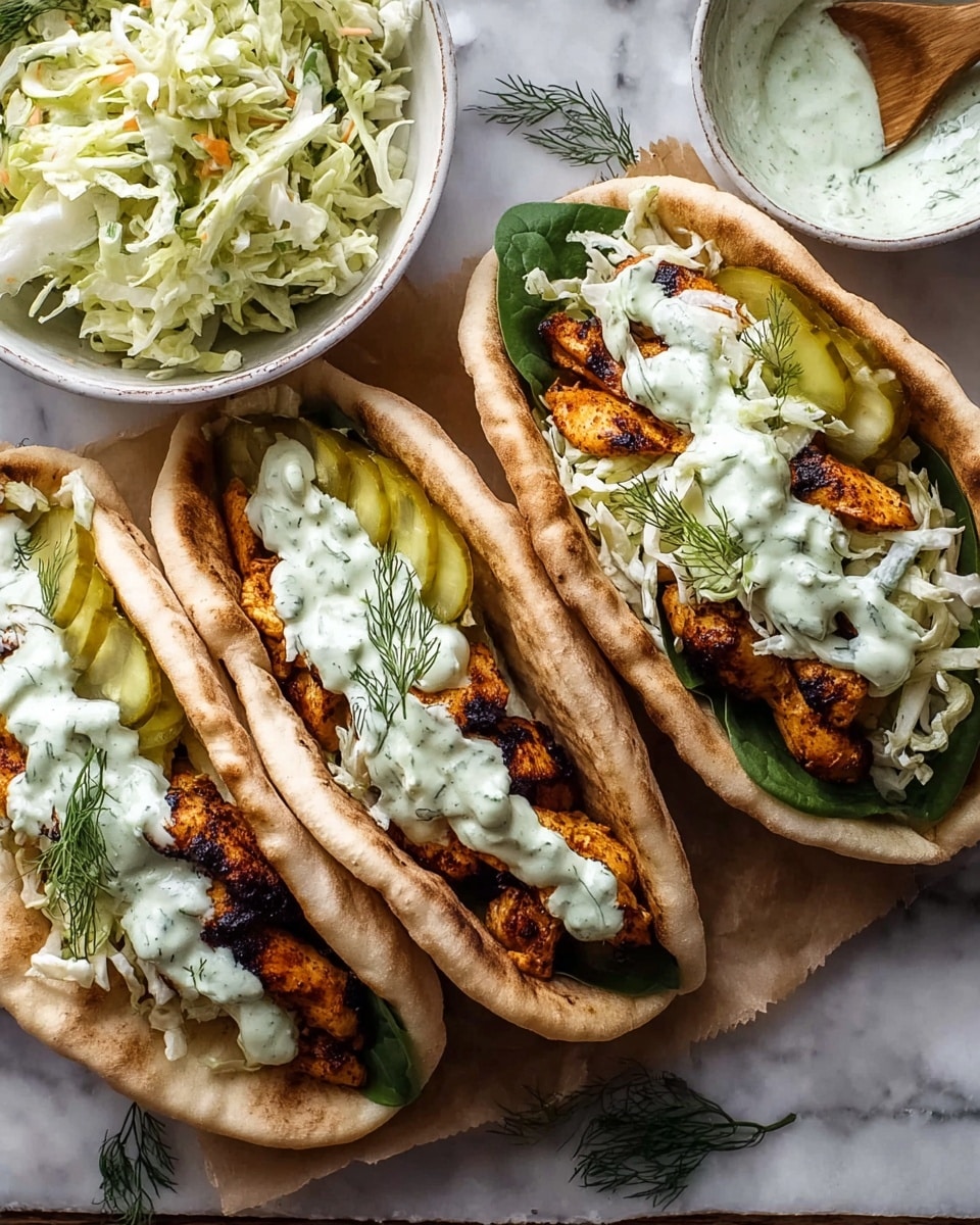 Two pita sandwiches sit side by side on a white marbled surface, each filled with multiple layers. The bottom layer inside the pita is fresh green spinach leaves, followed by charred, golden-brown grilled chicken pieces with a slightly crispy texture. On top of the chicken are thin slices of green pickles. Above that is a thick layer of finely shredded pale green cabbage mixed with hints of orange carrots. Drizzled on the cabbage is a creamy, light green herb sauce with visible small herb bits. Sprigs of fresh dill add a final touch on the cabbage layer. The pita bread itself is light brown, soft but toasted, folded thickly around the fillings. Nearby, a white bowl holds more of the shredded cabbage salad, and another white bowl contains the creamy herb sauce with a wooden small spoon inside. photo taken with an iphone --ar 4:5 --v 7