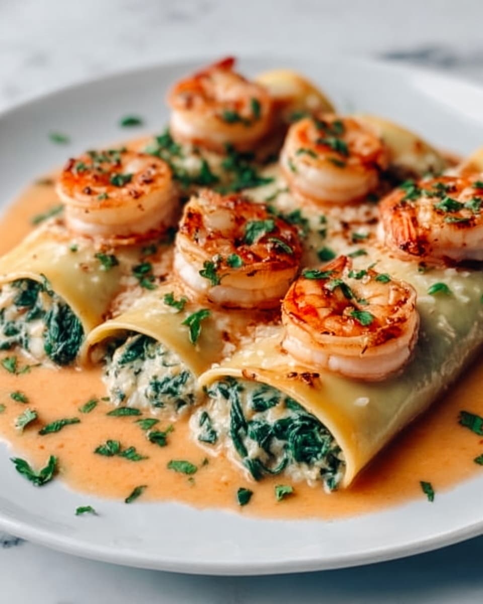 The image shows a white rectangular dish filled with rolled pasta tubes, each stuffed with creamy spinach and cheese filling, visible at the open ends. The rolls are topped with cooked shrimp that have a light pink color and are sprinkled with red chili flakes and small green herb pieces. The pasta sheets are smooth and pale yellow, and the filling inside has a rich, creamy texture with dark green spinach leaves. The dish rests on a white marbled surface. photo taken with an iphone --ar 4:5 --v 7