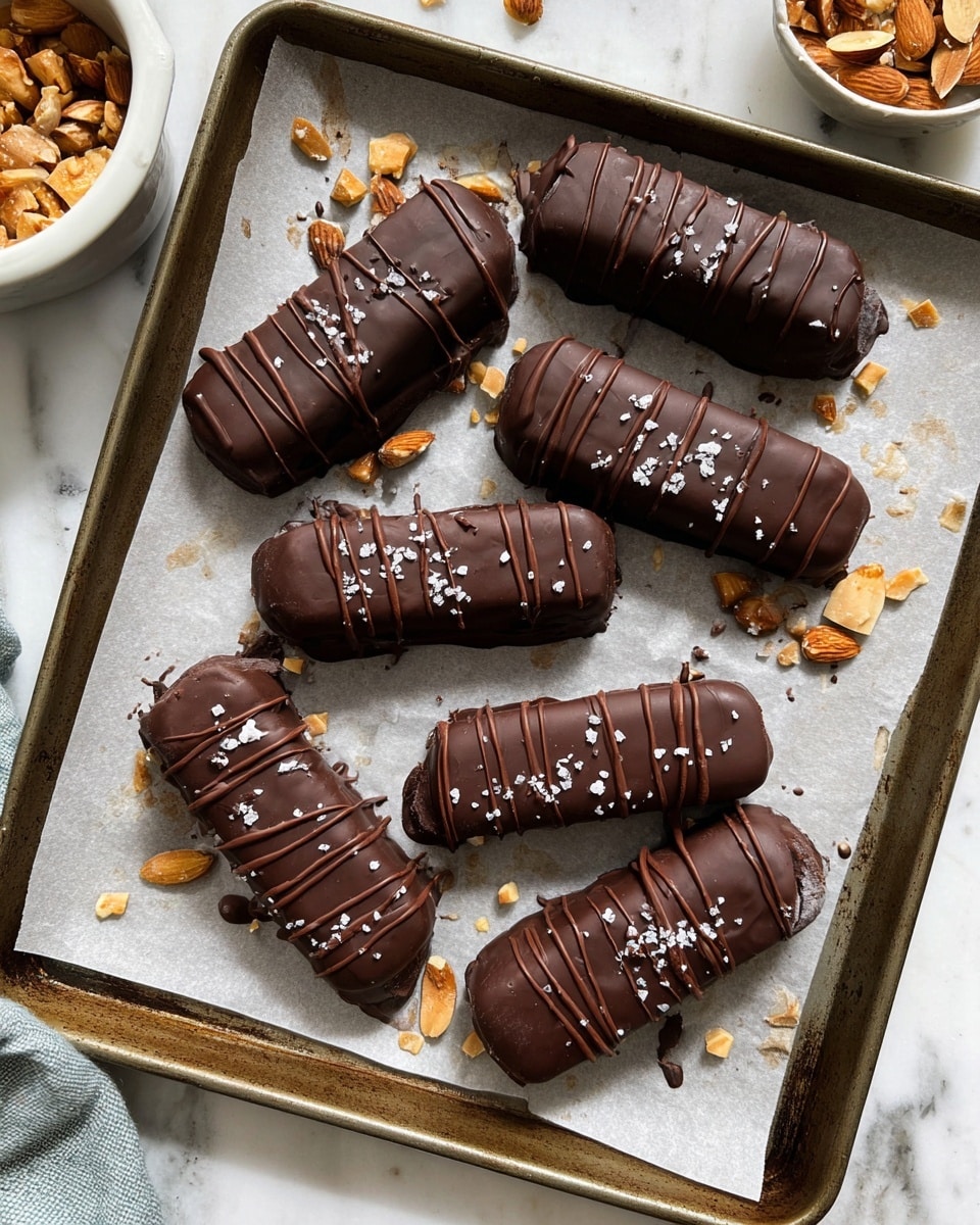 Seven chocolate-covered bars are placed on a baking tray lined with parchment paper. Each bar is coated in smooth, dark brown chocolate with a slightly shiny surface and is drizzled with thin lines of darker chocolate. Small flakes of salt are sprinkled over the tops. The bars vary slightly in size but all have a rectangular, rounded shape. There are pieces of chopped almonds scattered on the tray around the bars. The baking tray is set on a white marbled background. Nearby, there is a white bowl filled with chopped almonds partially visible. Photo taken with an iphone --ar 4:5 --v 7