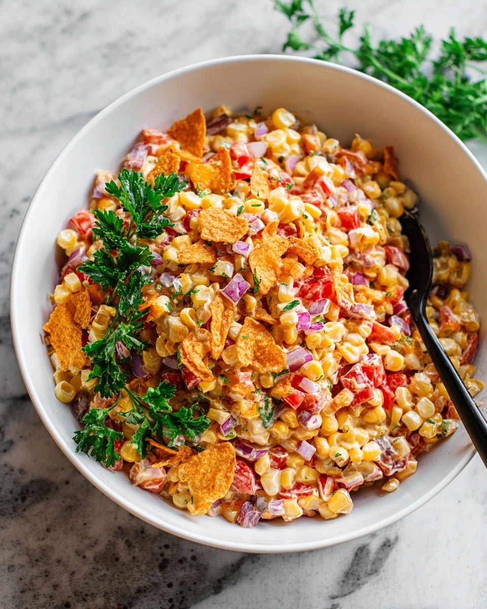 A white bowl filled with a colorful salad made of multiple layers, starting with a base of small yellow corn kernels mixed with finely chopped red bell peppers and red onions. There are crunchy orange chips scattered throughout the salad, adding texture. The salad is lightly coated with a creamy dressing, giving it a slightly shiny look. Fresh green parsley leaves are placed on top as garnish, with some leaves spread throughout. A black spoon is positioned inside the bowl on the right side, resting in the salad. The bowl sits on a white marbled surface. photo taken with an iphone --ar 4:5 --v 7