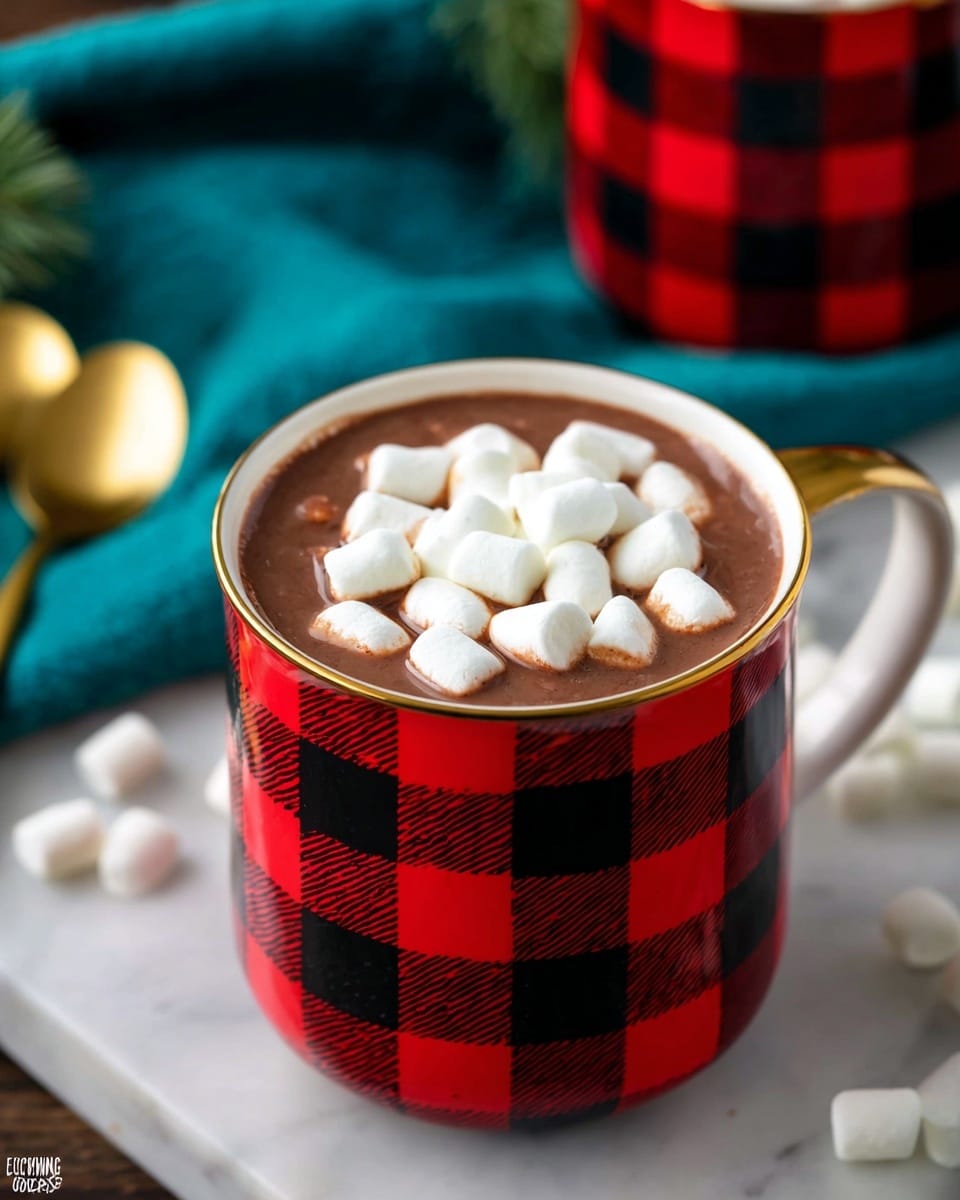 A red mug with white snowflake and geometric patterns is filled with hot chocolate topped by a thick layer of small, white marshmallows, some partially melted and dipped in chocolate. A red and white striped candy cane is placed inside the mug on the right side, slightly leaning out. A woman's hand holds the mug from the side handle, and the background shows a soft, out-of-focus white marbled surface with festive blurred lights and soft colors. Photo taken with an iphone --ar 4:5 --v 7