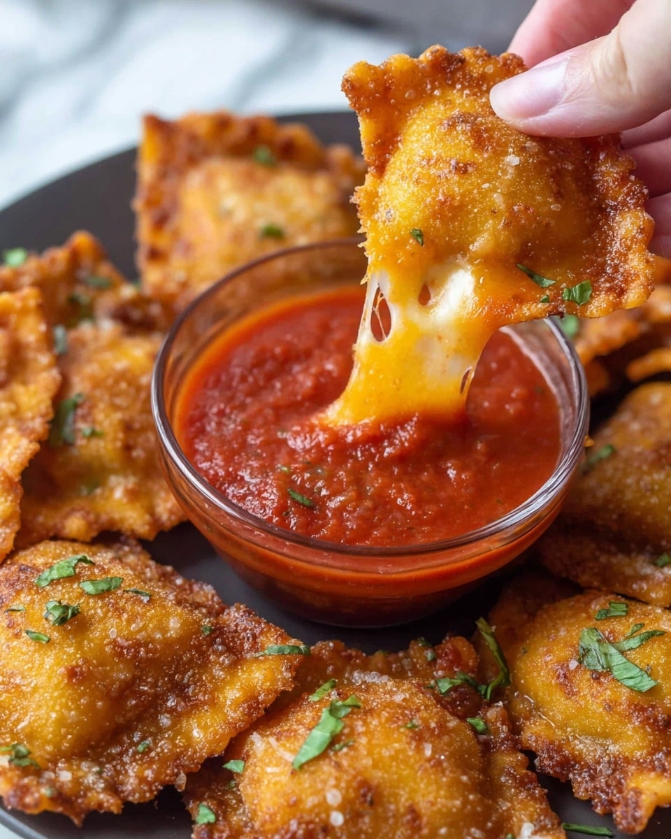 A close-up image shows a woman's hand holding a golden brown, crispy fried ravioli with melted orange cheese stretching between the two halves of the broken ravioli. The ravioli have a crunchy, bubbly texture on the outside and are arranged on a white plate. In the center of the plate, there is a small glass bowl filled with thick red marinara sauce, garnished with small green herbs. More fried ravioli surround the sauce bowl on the white marbled surface beneath. Photo taken with an iphone --ar 4:5 --v 7