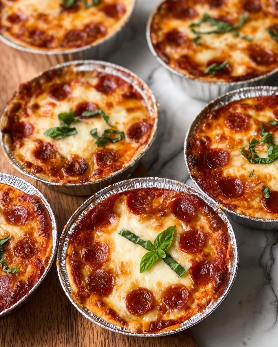 The image shows six small round mini pepperoni pizzas in silver foil cups, placed on a white marbled surface. Each pizza has three layers: a bottom golden-brown crust, a middle red tomato sauce layer, and a top layer of melted, bubbly mozzarella cheese with browned spots. Small round slices of pepperoni are scattered across the cheese layer, with some slight curling and browning from baking. Fresh green basil leaves are sprinkled on top, adding a touch of color. The pizzas are arranged close together, giving a cozy, inviting look. Photo taken with an iphone --ar 4:5 --v 7