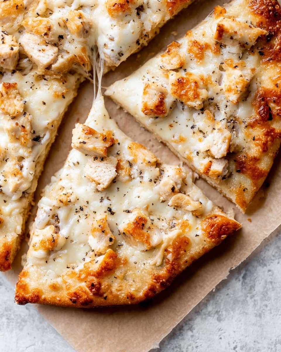 A round pizza with a slightly browned, bubbly crust sits on a wooden pizza peel covered with parchment paper, placed on a white marbled surface. The pizza is cut into eight even slices. The base layer is a thin golden crust, topped with a thick layer of melted white cheese that is creamy with browned bubbly spots across the surface. Scattered small chunks of light brown cooked chicken are spread evenly on the cheese layer. The pizza has a slightly rustic look with some charred edges and black pepper sprinkled over. Photo taken with an iphone --ar 4:5 --v 7