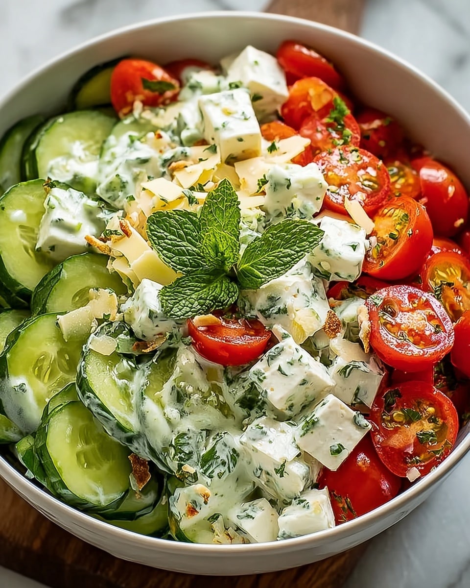A white bowl filled with a fresh salad sits on a white marbled surface. The bottom layer consists of thinly sliced green cucumbers with a shiny, slightly moist texture. On top, there are halved bright red cherry tomatoes mixed with small white cheese cubes coated in a creamy white dressing speckled with green herbs. Scattered on the salad are beige shaved cheese pieces and light brown crunchy bits. The salad is garnished with fresh green mint leaves in the center. Photo taken with an iphone --ar 4:5 --v 7