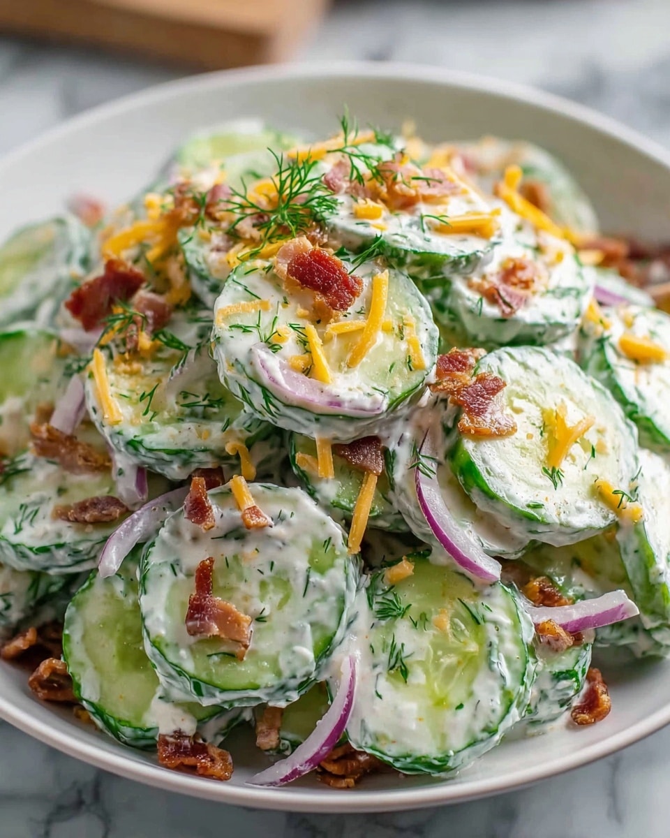 A white plate filled with a creamy cucumber salad featuring about two layers of thinly sliced green cucumbers coated in a thick white dressing mixed with small green herb pieces, likely dill. Scattered around and on top are thin reddish-purple onion slices, small crispy brown bacon bits, and a sprinkle of shredded light orange cheese. The salad has a fresh texture with a colorful mix of green, white, purple, brown, and orange on a white marbled surface in the background. Photo taken with an iphone --ar 4:5 --v 7