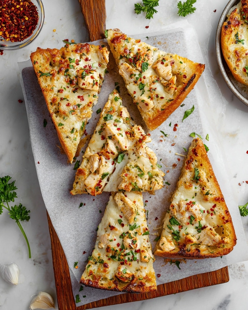 The image shows four triangular slices of cheesy garlic bread arranged on white parchment paper over a wooden board. Each slice has three visible layers: the base is a golden-brown toasted bread, the middle layer is a creamy garlic spread mixed with small green herbs, and the top layer is melted, slightly browned mozzarella cheese with pieces of grilled chicken and sprinkled red chili flakes and chopped parsley. The background is a white marbled surface with a small bowl of red chili flakes on the side and fresh parsley leaves scattered around. Photo taken with an iphone --ar 4:5 --v 7