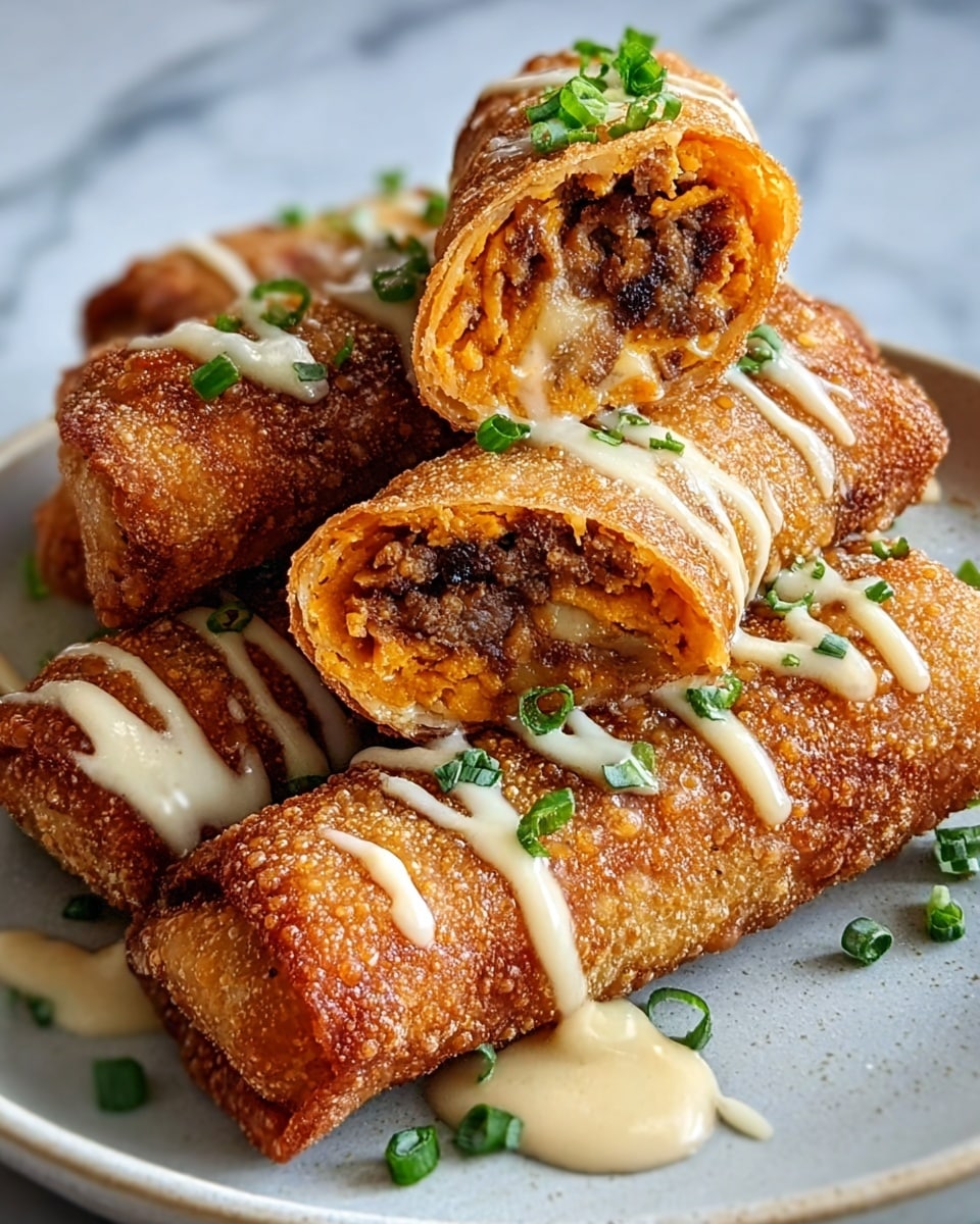 The image shows four golden brown fried rolls arranged on a white plate with a white marbled surface underneath. Each roll has a crispy, textured outer layer. One roll is cut in half, revealing a filling with a mix of orange and dark brown colors, likely sweet potato and ground meat, with melted cheese strings. The rolls are drizzled lightly with a creamy sauce and sprinkled with small pieces of fresh green herbs on top, adding a pop of color. photo taken with an iphone --ar 4:5 --v 7