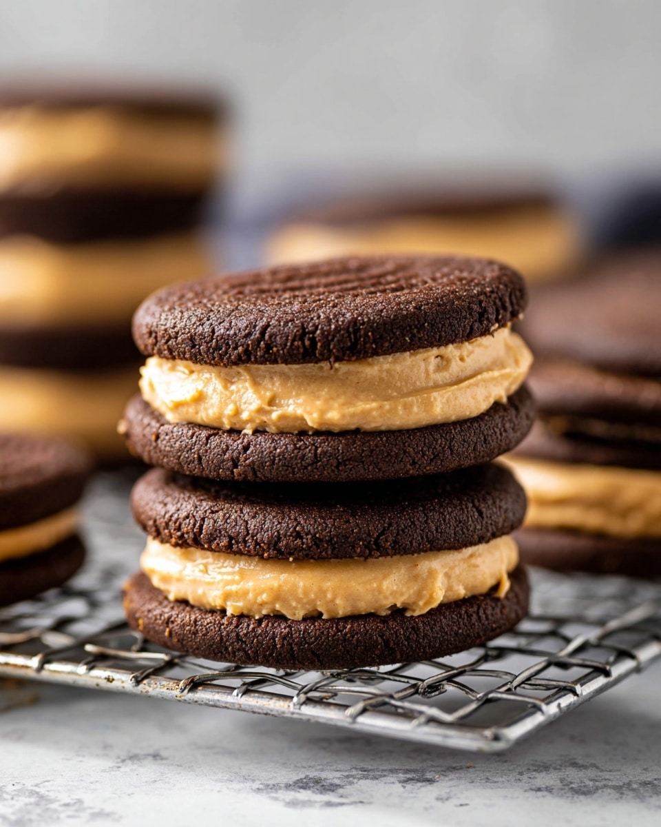 A close-up view of a stack of three sandwich cookies placed on a silver wire cooling rack against a white marbled texture background. Each sandwich has two dark brown, soft-looking chocolate cookie layers with a thick, creamy light tan peanut butter filling in between, which appears slightly rough and dense. The top cookie layer is flat with a textured surface. In the background, there are blurred stacks of similar cookies and another cookie sandwich partially visible on the left. The lighting highlights the rich texture of the cookies and filling. photo taken with an iphone --ar 4:5 --v 7