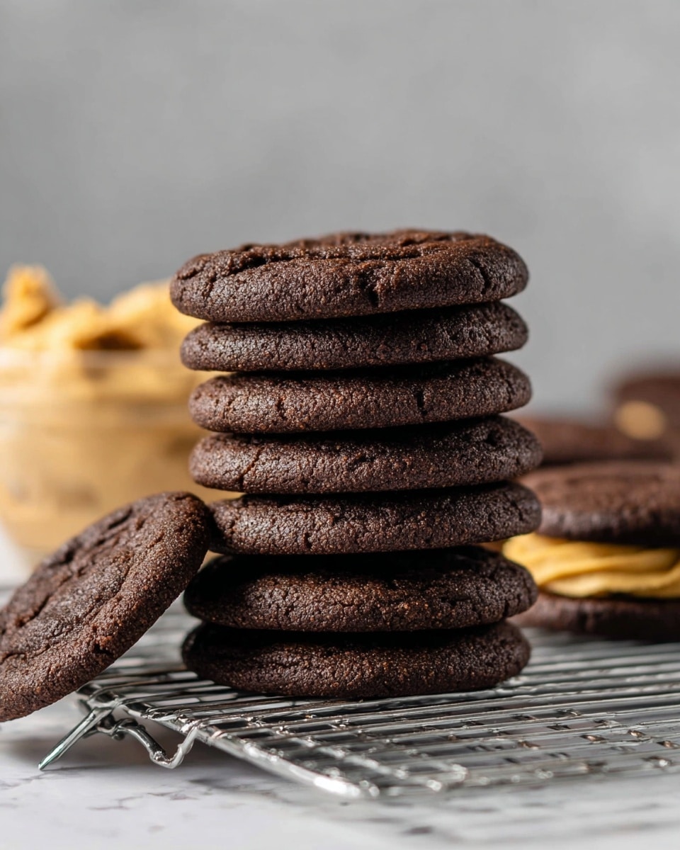 A stack of eight dark brown chocolate cookies is placed on a metal cooling rack with one cookie lying flat to the left. Behind the stack, there is a blurred glass bowl filled with light brown cookie dough, and a partially visible chocolate cookie sandwich with yellowish cookie dough filling on the right. The background is a plain light gray, and the surface is a white marbled texture. photo taken with an iphone --ar 4:5 --v 7