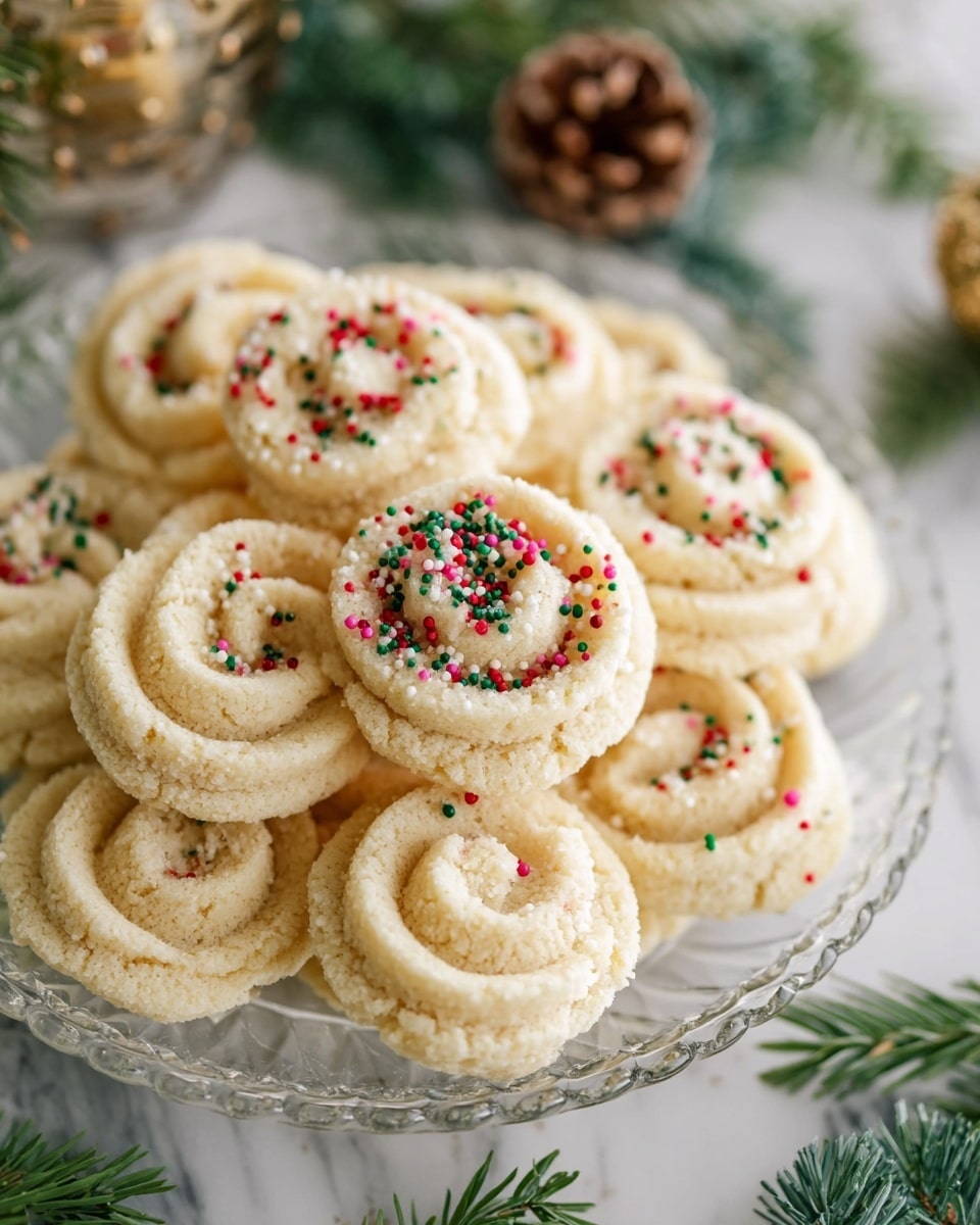 A clear glass plate holds a single layer of light beige Danish butter cookies, each shaped in a delicate spiral pattern with a swirled texture. Some cookies are topped with small round sprinkles in red, green, white, and black colors, scattered unevenly across the swirls. The plate rests on a white marbled surface decorated with green fir branches, a brown pine cone, and a silver Christmas ornament partially visible. Photo taken with an iphone --ar 4:5 --v 7