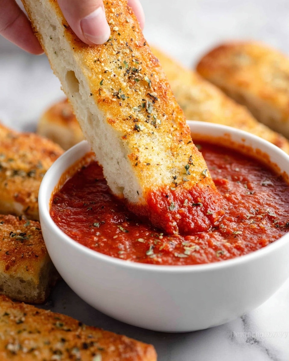 A woman's hand holding a thick rectangular piece of golden-brown garlic bread coated with herbs and garlic bits, dipping into a white bowl filled with bright red, chunky marinara sauce. The bread has a soft, white, fluffy inside and a slightly crispy crust. Around the bowl on a white marbled texture surface, there are more pieces of the bread that show the same layers and textures. Photo taken with an iphone --ar 4:5 --v 7