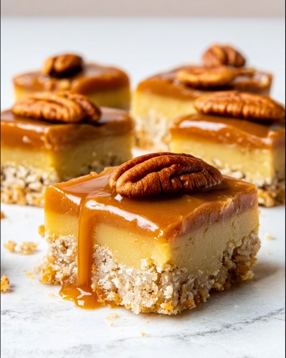 The image shows several square bars arranged on a white marbled surface, each bar with three visible layers. The bottom layer is a light, crumbly beige base that looks like a shortbread crust. The middle layer is a thick, smooth caramel layer with a shiny texture that slightly drips over the edges. The top layer has a single toasted pecan placed in the center of each bar, adding a darker brown color and a textured look. The bars are neatly cut and the focus is mostly on the front row pieces, with several bars blurred in the background. photo taken with an iphone --ar 4:5 --v 7