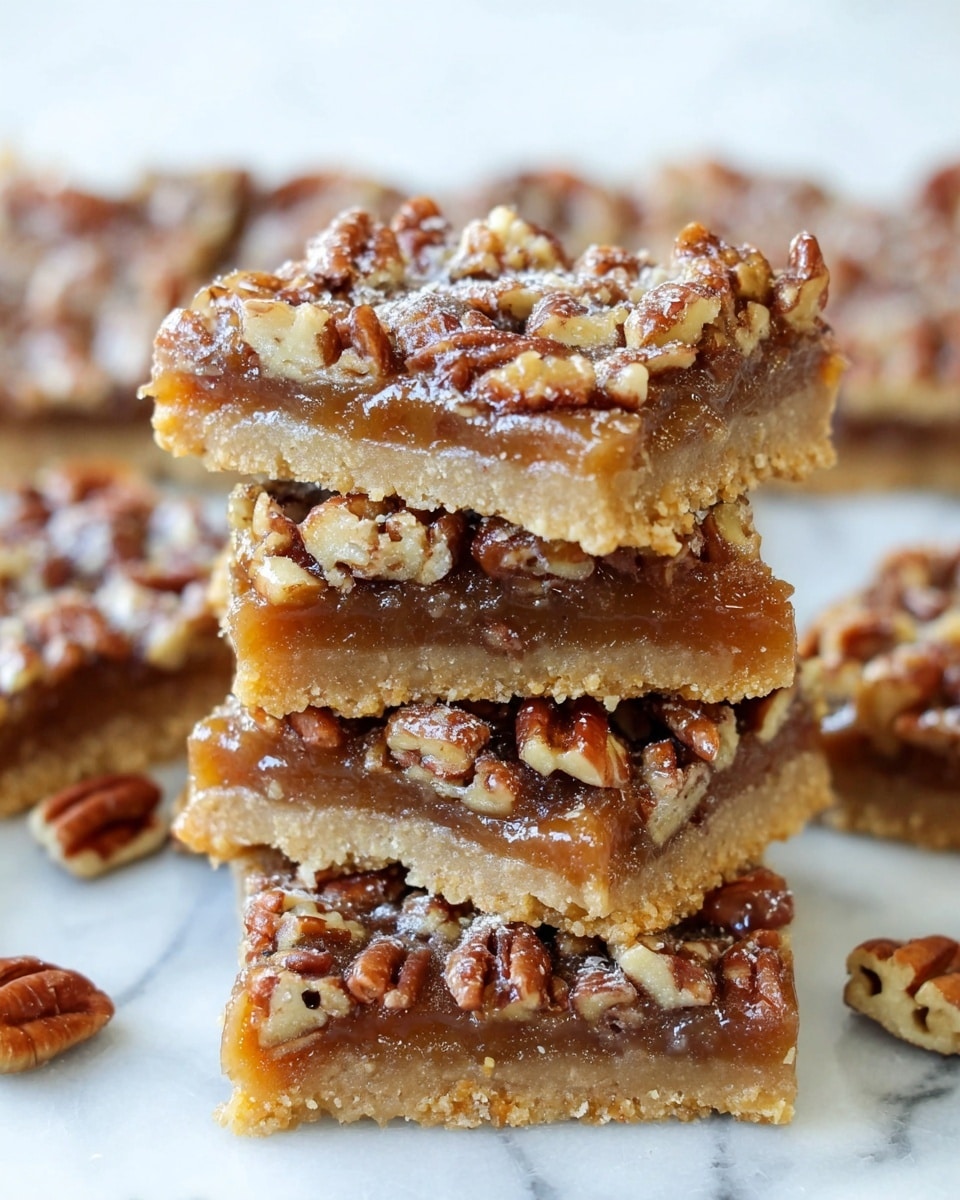 A close-up shot shows a stack of three thick squares of nut bars on a white marbled surface, each bar layered with a bottom crust layer in light brown, a middle gooey caramel-like layer with visible chopped nuts, and a top layer densely covered with chopped pecans and a glossy, sticky glaze. Pieces of nut bar are scattered around the stack, adding texture to the scene. photo taken with an iphone --ar 4:5 --v 7