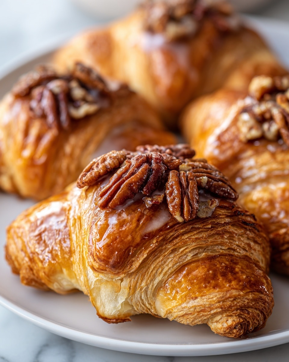 The image shows a close-up of several golden-brown croissants arranged on a white plate on a white marbled surface. Each croissant has a shiny, glossy glaze on top, making them look fresh and slightly sticky. On the top layer, there are clusters of glossy pecan nuts in a rich brown color, adding texture and contrast to the smooth, flaky layers of the croissants below. The croissants are layered with many thin, crisp baked layers visible at the edges. The focus is on the croissant in the front, with the others softly blurred in the background, creating a warm, inviting feel. Photo taken with an iphone --ar 4:5 --v 7