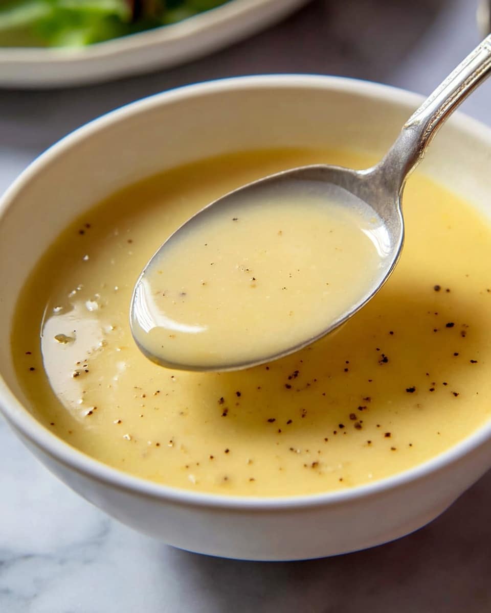 A smooth, creamy soup with a light yellow color and small black pepper specks is shown inside a white bowl. A silver ladle dips into the soup, holding a round scoop of the liquid that reflects light softly on its surface. The bowl sits on a white marbled table, and in the background, blurred greens add a fresh touch. The textures appear velvety and thick, with slight gloss on the soup's surface. Photo taken with an iphone --ar 4:5 --v 7