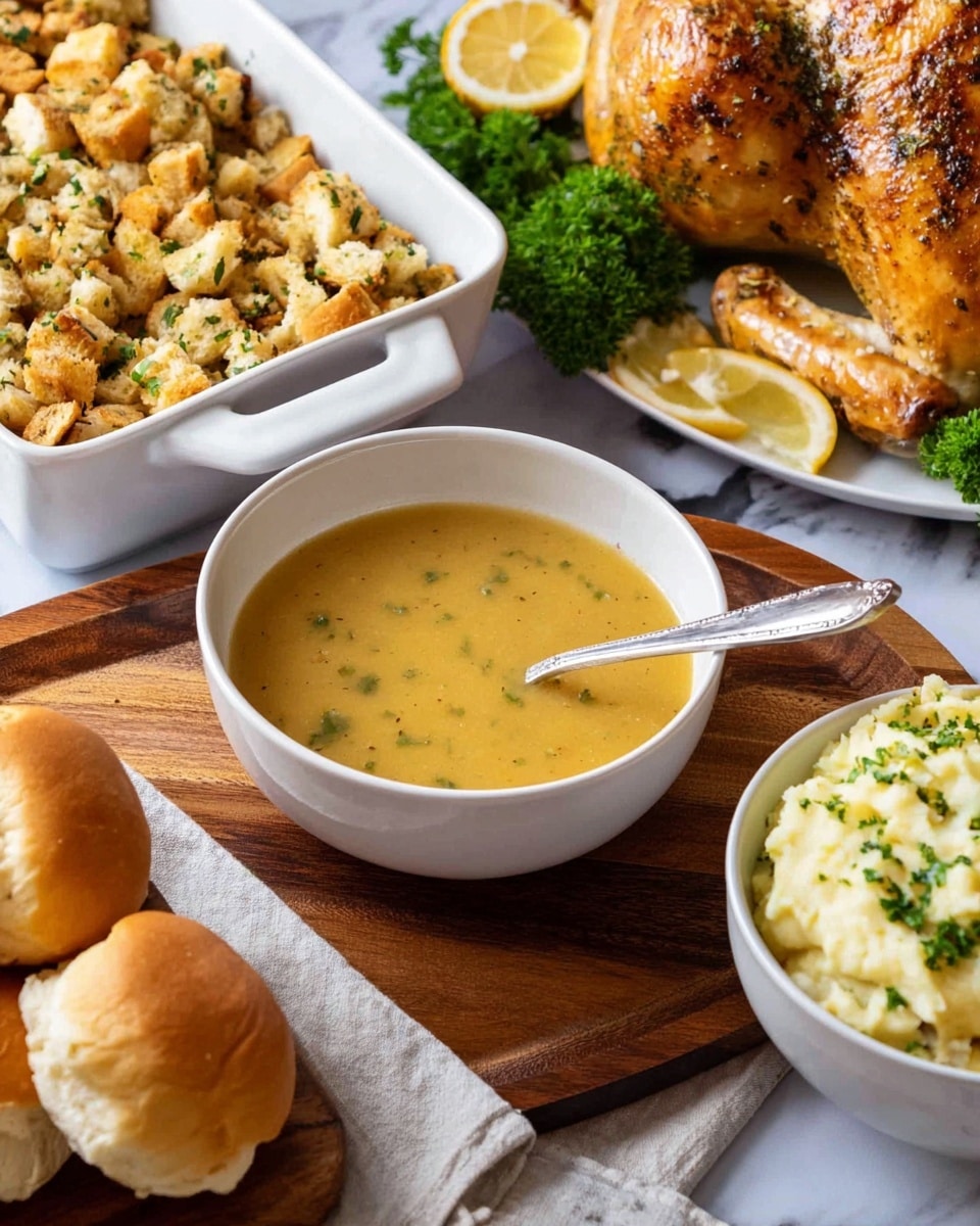 A white bowl with smooth, golden yellow gravy sits on a round wooden board with a silver spoon inside. To the left, there is a white baking dish filled with chunky stuffing, showing pieces of bread and herbs. In front, soft, golden-brown dinner rolls rest on a white cloth. On the right, a white bowl holds creamy mashed potatoes with small green herb bits on top and a silver spoon inside. In the background, a roasted whole chicken with golden crispy skin is placed on a white plate next to green parsley and lemon slices. The whole setup is on a white marbled surface. photo taken with an iphone --ar 4:5 --v 7