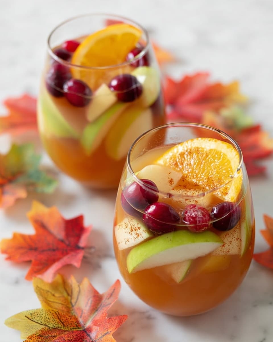 The image shows two clear rounded glasses filled with a light amber drink, each glass containing a layered mix of colorful fruit slices. At the bottom, there are green apple slices with a smooth texture, followed by whole red cranberries that float near the surface. On top of the fruit, half-moon orange slices with bright, juicy flesh sit prominently. The drink's surface has a light sprinkle of cinnamon or spice, adding a subtle speckled texture. The glasses rest on a white marbled surface scattered with artificial autumn leaves in red, yellow, green, and orange tones, adding a seasonal touch. photo taken with an iphone --ar 4:5 --v 7