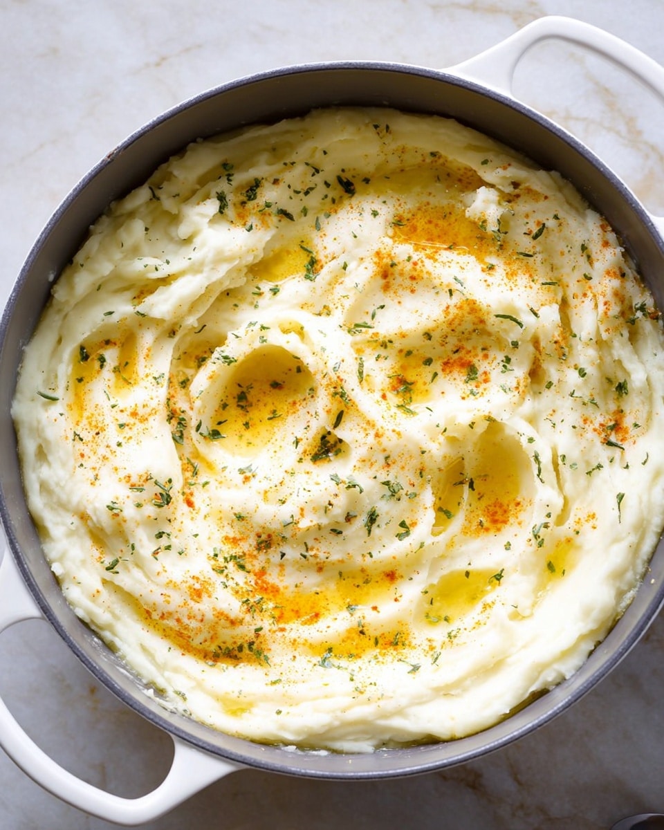 This image shows a pot filled with smooth mashed potatoes that have a creamy white color and soft texture. The surface of the mashed potatoes is swirled with a few small pools of melted yellow butter. There are sprinkles of green herbs and a light dusting of orange paprika on top. The pot is round with gray sides and white handles. The background is a white marbled texture. photo taken with an iphone --ar 4:5 --v 7