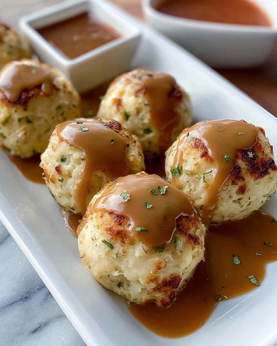 A white plate holds a stack of six round mashed potato balls with a golden brown crispy outer layer, showing soft white mashed potato inside on some parts. Each ball is drizzled with smooth brown gravy that has small black pepper specks, with the gravy pooling slightly at the bottom of the plate. Small green herb pieces are visible on and around the potato balls. The background shows a soft-focus white marbled texture. photo taken with an iphone --ar 4:5 --v 7