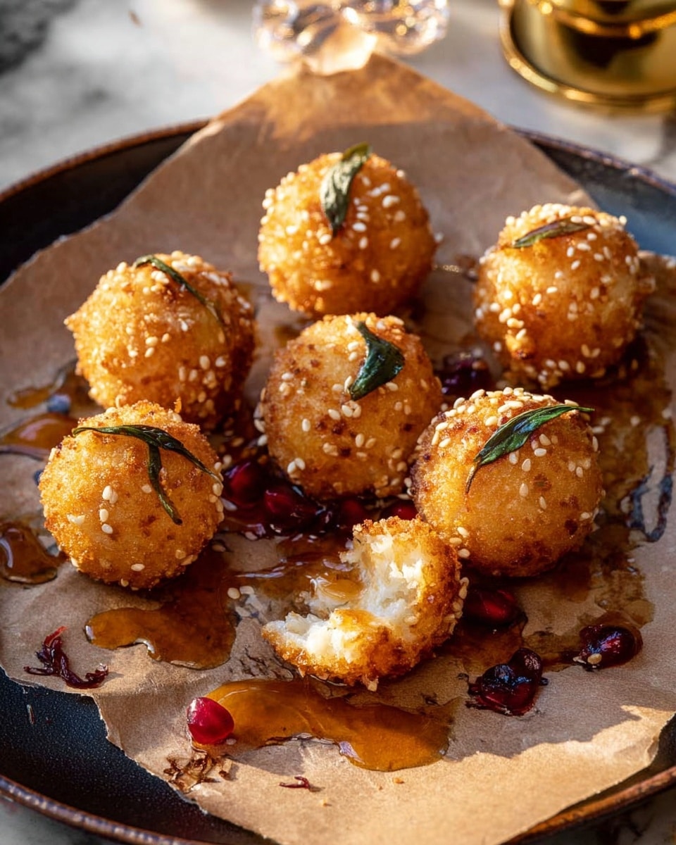 Several golden-brown, round fried cheese balls covered in sesame seeds are spread out on a sheet of brown parchment paper. Some cheese balls are garnished with small, curled green leaves. A few cheese balls show melted cheese oozing out. The cheese balls are scattered around two vintage silver spoons, which have dark spots and holes, resting on the parchment. There are small drops of dark sticky sauce and few red pomegranate seeds around the cheese balls, adding shine and color contrast to the warm tones. The scene is set on a white marbled surface. photo taken with an iphone --ar 4:5 --v 7