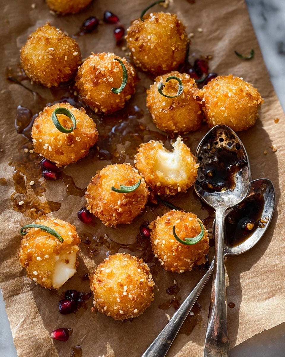 The image shows seven small, round golden-brown fried balls coated with white sesame seeds placed on a piece of brown parchment paper on a dark plate. Each ball has a crispy texture with a few green fried leaves on top. One ball is broken open, revealing a soft, white inside. There are drizzled shiny amber-colored sauce puddles around the balls, along with a few scattered dark red pomegranate seeds and small pieces of herbs. The background is a white marbled texture with a golden object blurred in the top right corner. Photo taken with an iphone --ar 4:5 --v 7