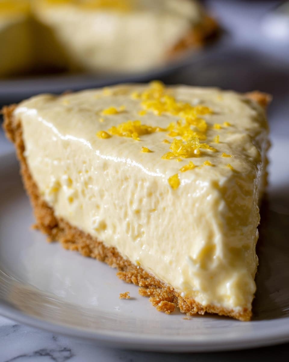 A close-up shot of a slice of creamy yellow lemon pie on a white plate, showing two layers: a thick, smooth, and fluffy pale yellow filling with a slightly glossy texture on top, sprinkled with small bright yellow lemon zest pieces, and a thin, crumbly light brown crust at the bottom. The pie slice looks soft and rich, with a slightly uneven surface that suggests a homemade feel. The background is blurred with a white marbled texture surface. Photo taken with an iphone --ar 4:5 --v 7