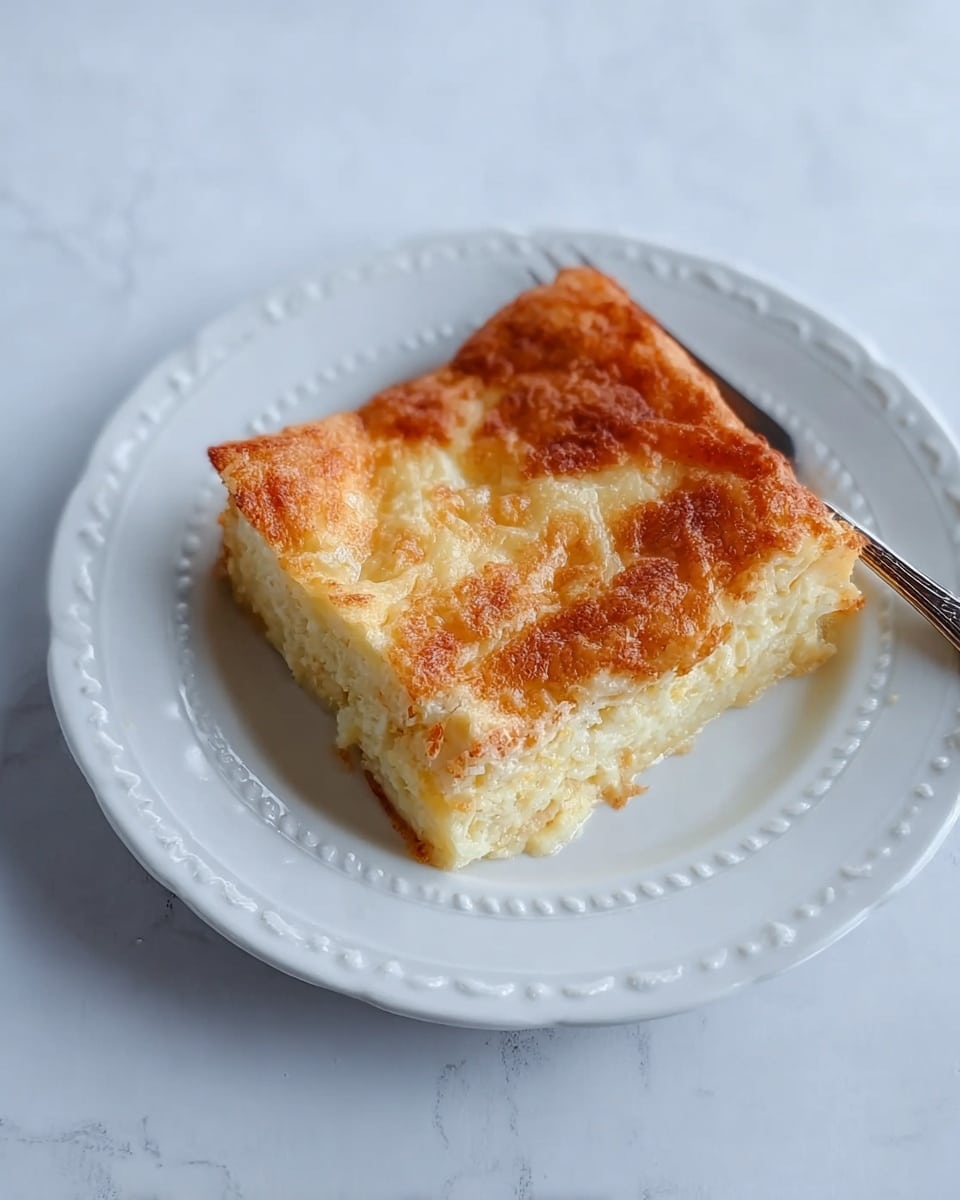 A square piece of baked casserole with a golden brown top layer that looks slightly crispy and uneven. Beneath the top, a pale yellow, soft, and moist texture is visible, suggesting layers of creamy ingredients. The casserole rests on a white decorative plate with a subtle raised pattern around the edges. A silver fork is placed near the casserole on the right side. The whole setting is on a white marbled textured surface. Photo taken with an iphone --ar 4:5 --v 7