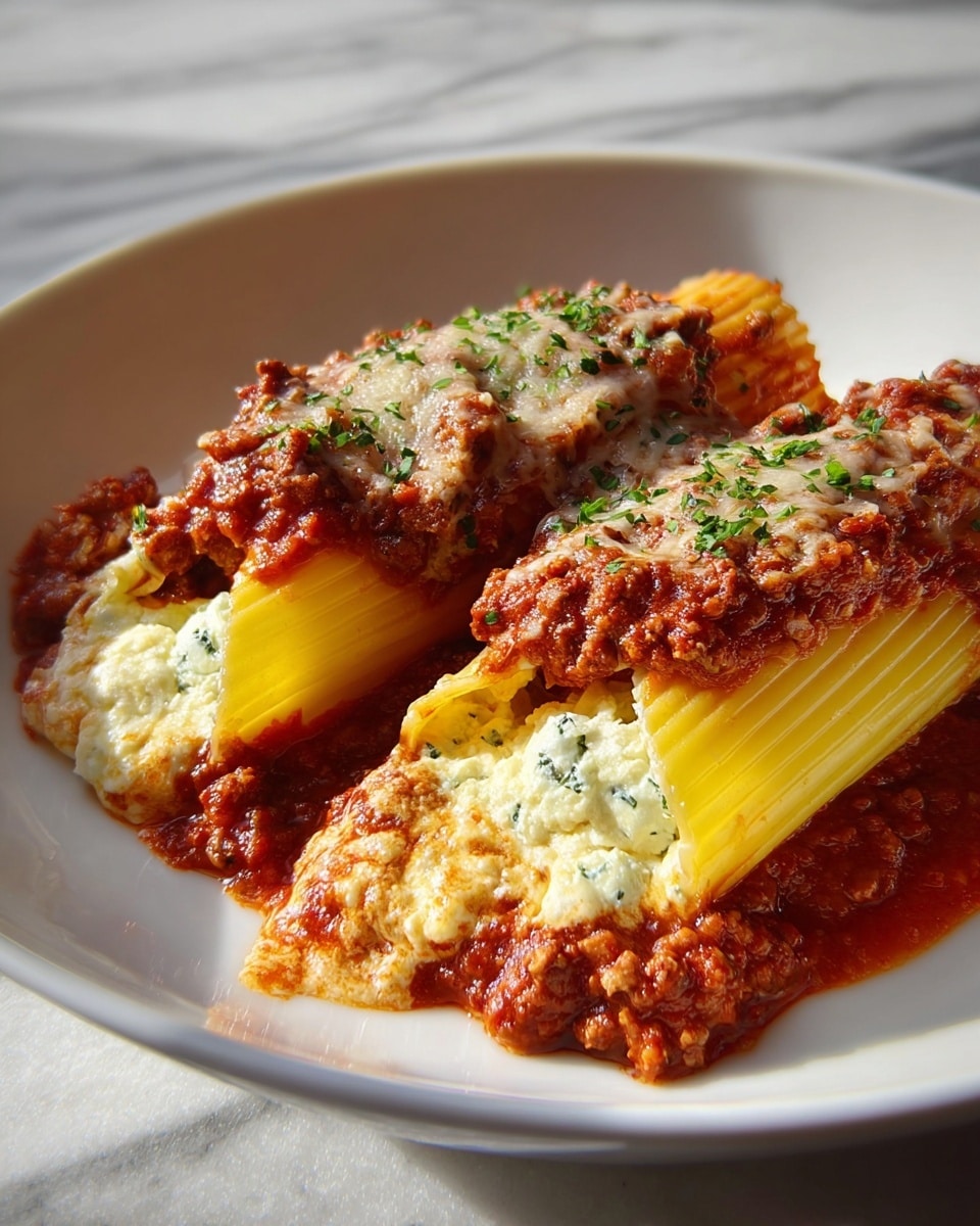 Two stuffed pasta tubes are placed on a white plate over a white marbled texture. The pasta tubes are yellow with ridges, filled with white creamy cheese mixed with herbs visible at the open end. They are topped with a rich, chunky red meat sauce that also spreads around the base, and melted melted cheese with patches of green herbs is scattered on top. The overall look is warm, hearty, and textured, with a mix of smooth cheese and chunky sauce creating a layered appearance. photo taken with an iphone --ar 4:5 --v 7