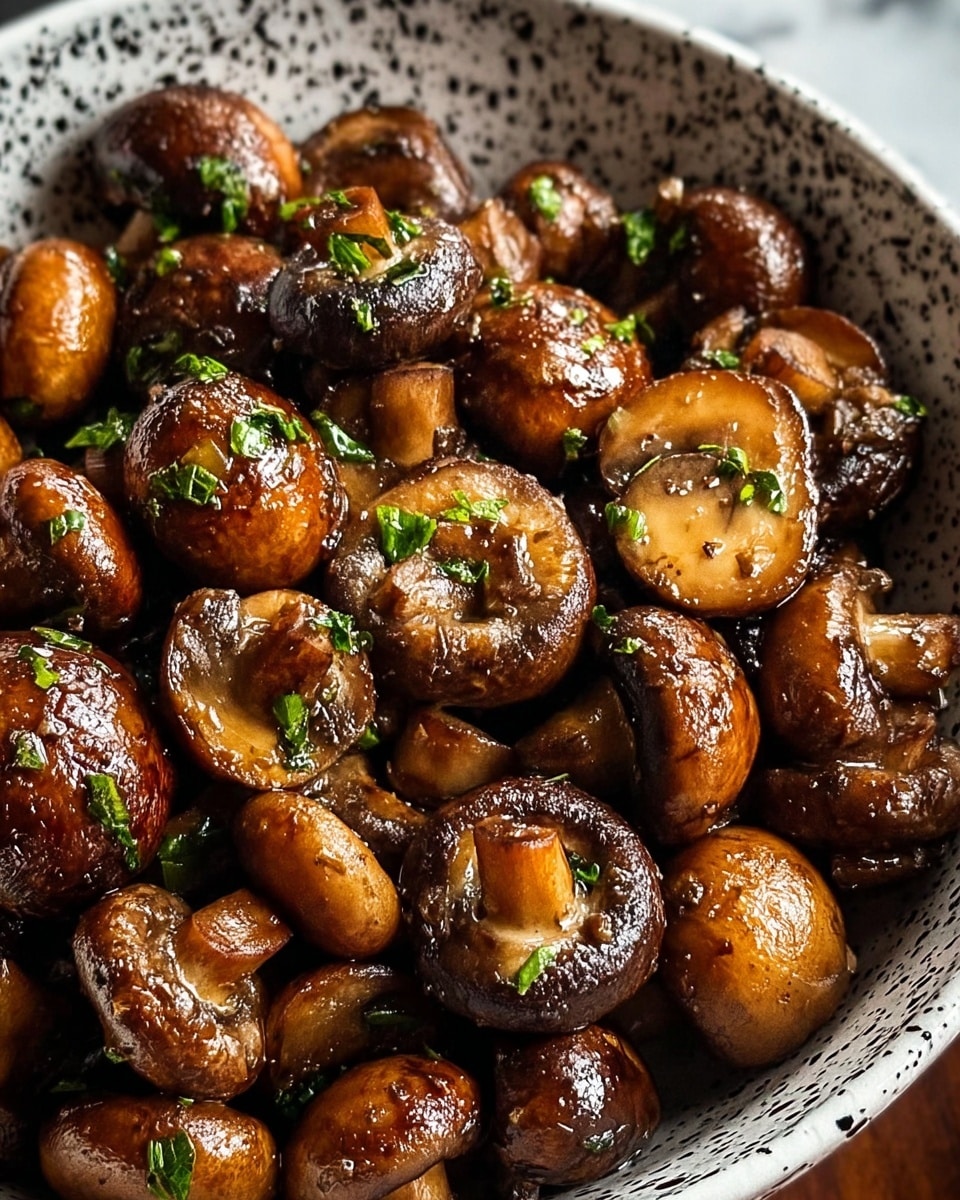 The image shows a close-up of a bowl full of cooked mushrooms. There are about two layers of mushrooms, mostly whole with some sliced, all browned and shiny from cooking. The mushrooms have a rich brown color with darker seared spots and are sprinkled with small pieces of green herbs, adding a fresh touch. The bowl is white with a black speckled inner pattern, filled nearly to the top with the mushrooms that look juicy and tender. The background has a white marbled texture. photo taken with an iphone --ar 4:5 --v 7
