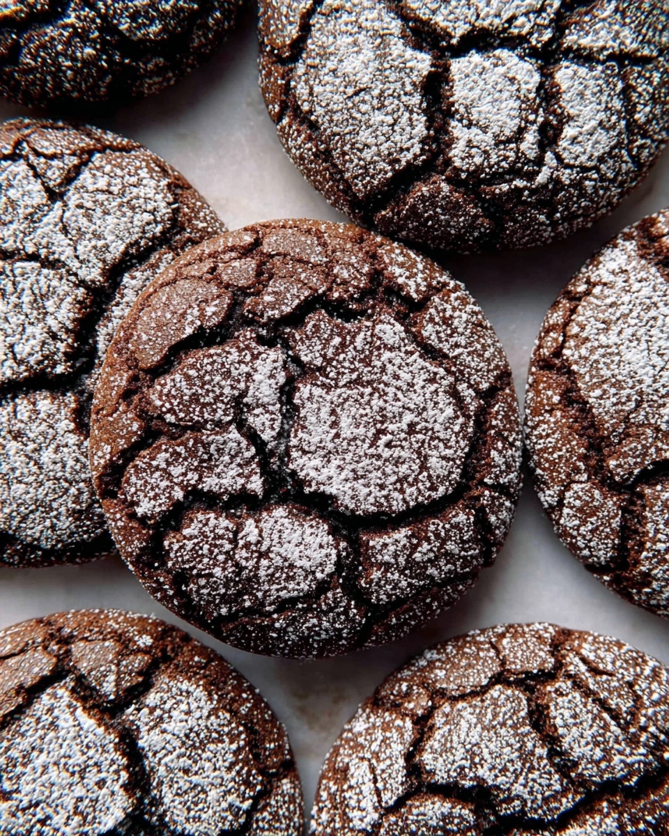 The image shows several round chocolate crinkle cookies placed closely together. Each cookie has a cracked surface with deep lines forming a unique pattern, covered in powdered sugar that creates a light dusting effect contrasting with the dark brown color of the cookie. The texture looks soft and slightly crisp on the edges. The cookies are on a surface with a white marbled texture barely visible around the edges. Photo taken with an iphone --ar 4:5 --v 7
