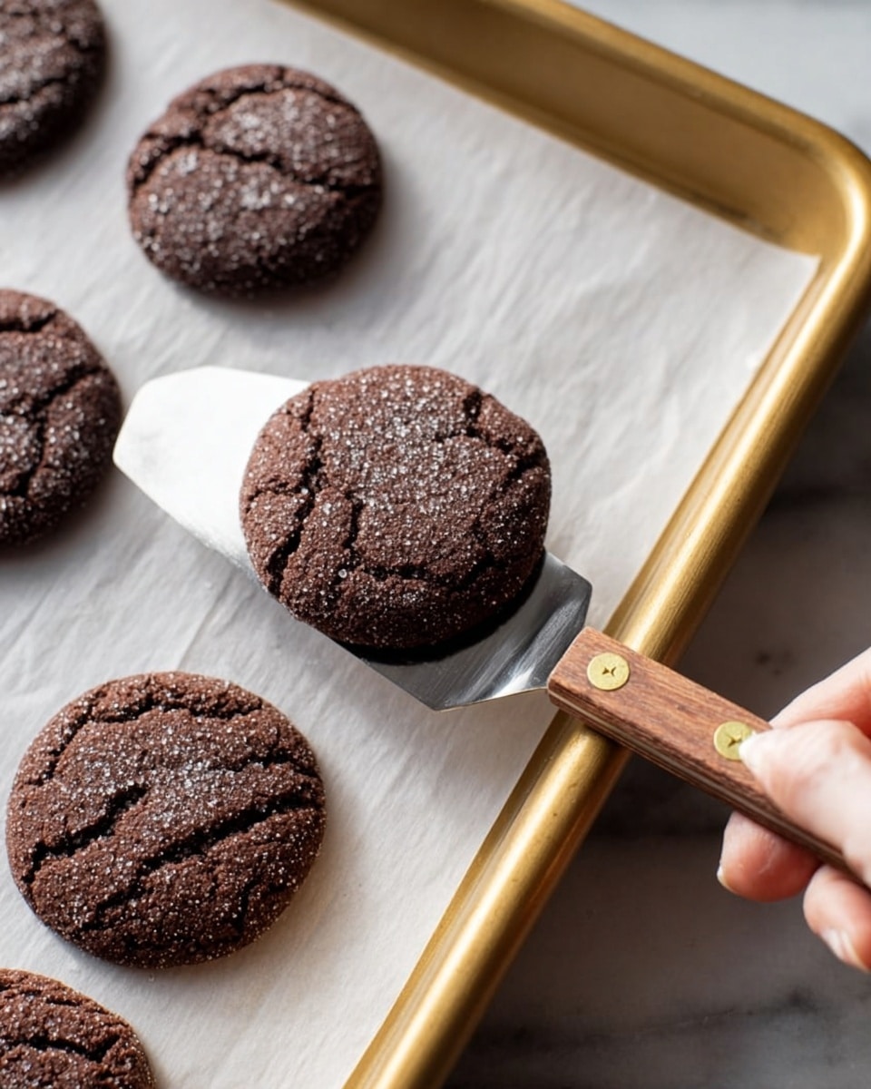 A close-up image shows soft, dark brown chocolate cookies with a cracked top texture covered in granulated sugar crystals, resting on white parchment paper placed on a baking tray with a golden edge. A woman’s hand holds a spatula with a wooden handle and two brass rivets, gently lifting one cookie. The baking tray sits on a white marbled surface. photo taken with an iphone --ar 4:5 --v 7