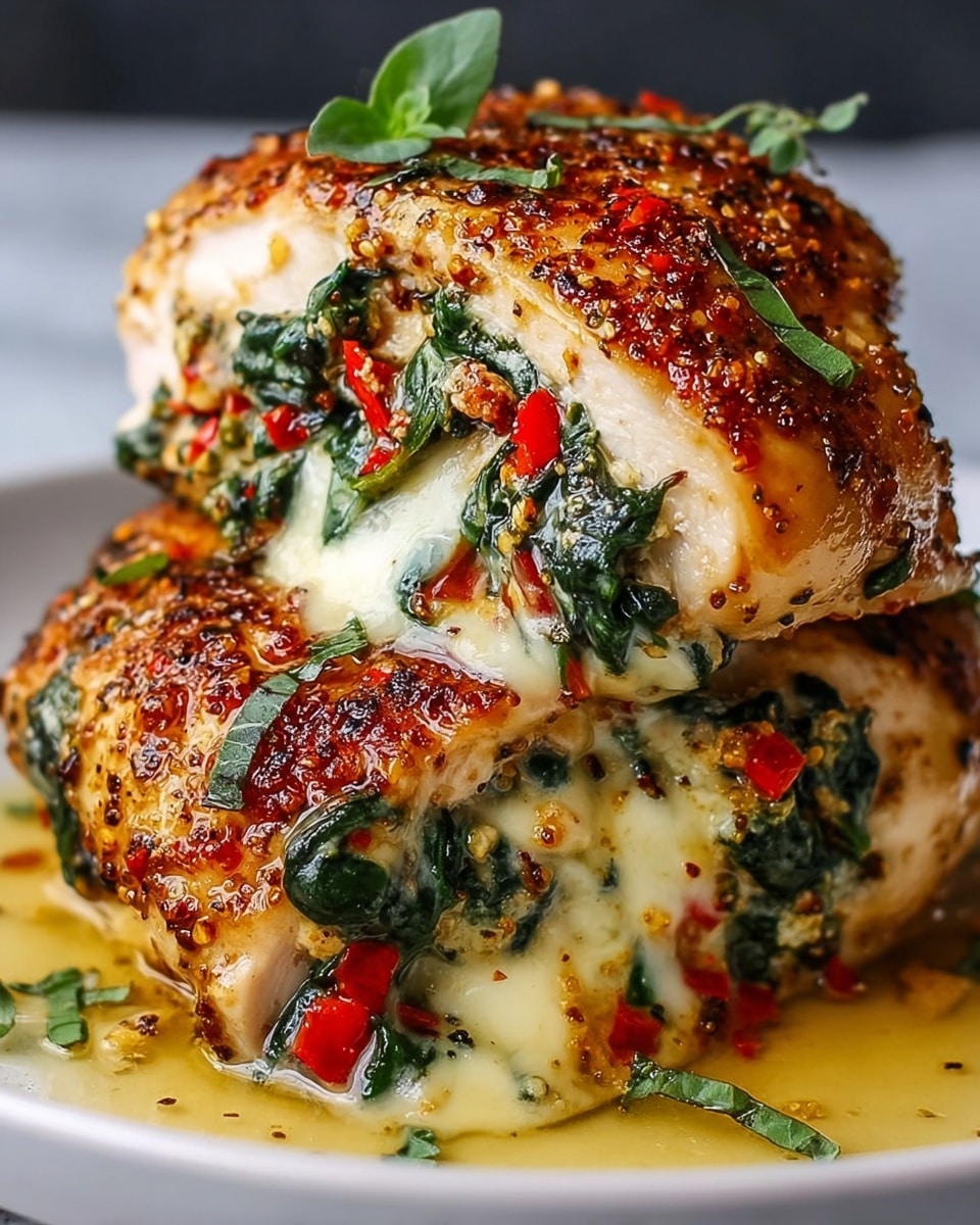 Two stuffed chicken breasts are stacked on a white plate with a white marbled background. Each chicken breast has a golden-brown, crispy outer layer with visible seasoning. Inside, there is a thick layer of melted white cheese mixed with wilted green spinach and small pieces of bright red peppers. The cheese and filling ooze slightly from the cuts in the chicken, creating a rich, creamy texture mixed with the colorful vegetables. The dish is garnished with small green herb leaves on top and around, and a light, glossy sauce pools at the base, adding shine and moisture to the whole presentation. Photo taken with an iphone --ar 4:5 --v 7