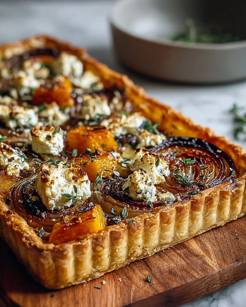 A square tart with a thick golden-brown flaky crust holds multiple layers: the bottom layer is a rich orange squash filling, above it are thick rings of browned caramelized onions with dark char marks, then scattered chunks of vibrant orange squash, and small dollops of creamy white cheese with a slightly toasted top, all sprinkled with fresh green thyme leaves and herbs. The tart sits on a wooden board with a blurred grey bowl in the background and a white marbled surface underneath. photo taken with an iphone --ar 4:5 --v 7