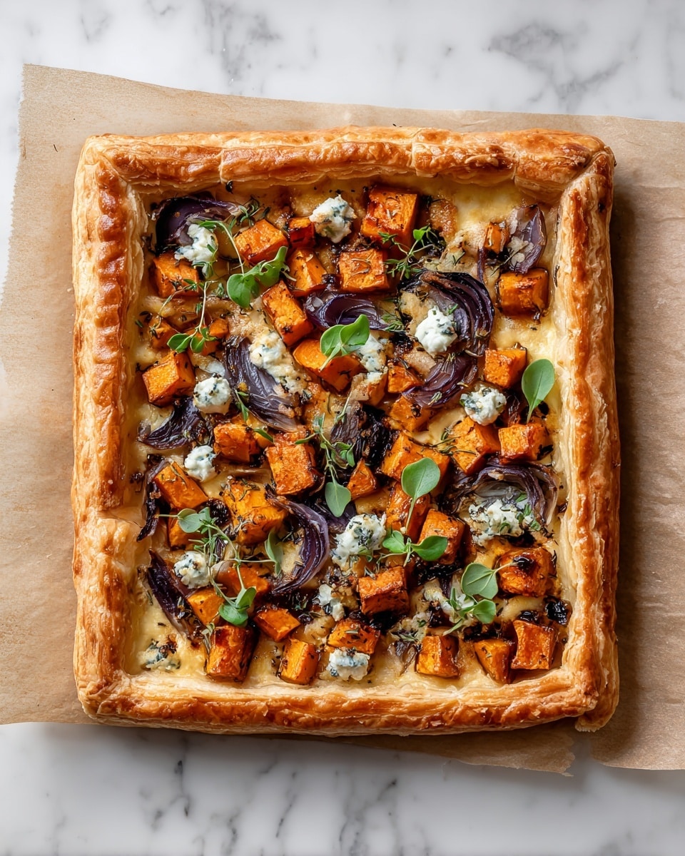 The image shows a square tart with a crispy, golden-brown puff pastry crust that forms a thick border around the filling. Inside the border, the filling consists of roasted orange sweet potato cubes scattered evenly. Among the sweet potatoes, there are white slices of cheese, possibly goat cheese, slightly melted. There are also thin, soft-looking dark purple caramelized onion slices spread across the tart. Small, fresh green herb leaves are sprinkled on top, adding a touch of color and freshness. The tart is placed on parchment paper over a white marbled surface. Photo taken with an iphone --ar 4:5 --v 7